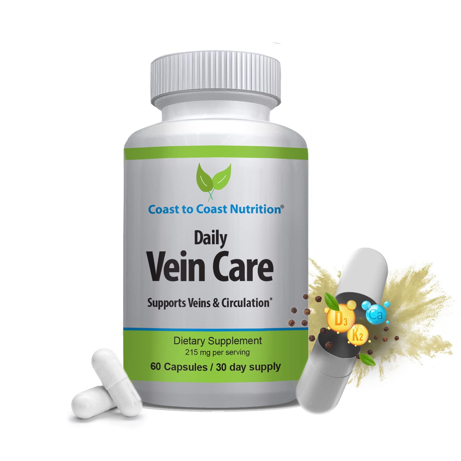 Coast to Coast Nutrition Daily Vein Care Supplement Capsules — Circulation Formula with a Natural Blend of Calcium, Vitamin D3, Vitamin K2 Plus BioPerine for Max Absorption Vein Formula — 60 Capsules Coast to Coast Nutrition buy supplements canada