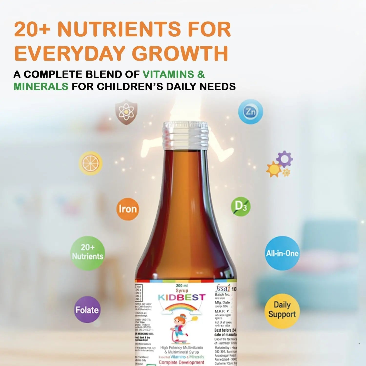 Kidbest Multivitamin Syrup for Kids 3-13 Years – Liquid Formula with 20 Nutrients for Appetite, Immunity, and Growth – Tasty Daily Vitamins HealthBest buy supplements canada