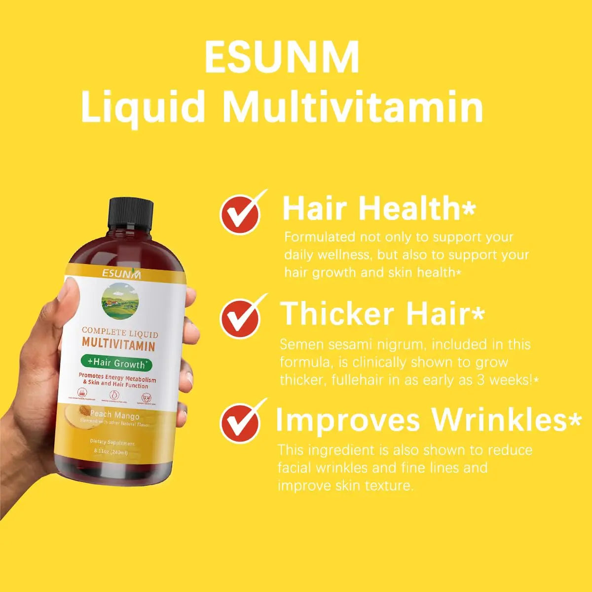 ESUNM Complete Liquid Multivitamin + Hair Growth, Promotes Energy Metabolism& Skin and Hair Function| Vitamin C D | B Vitamins | ESUNM buy supplements canada