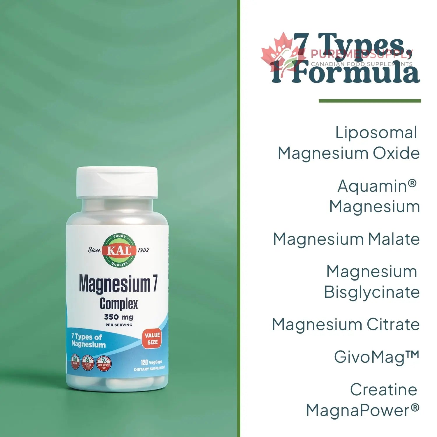 KAL Magnesium Complex 7 - Total Complex with Magnesium Glycinate, Citrate, Malate and More - Relaxation and Whole Body Support Supplements - Vegan, 60-Day Guarantee - 60 Servings - 120 VegCaps KAL buy supplements canada
