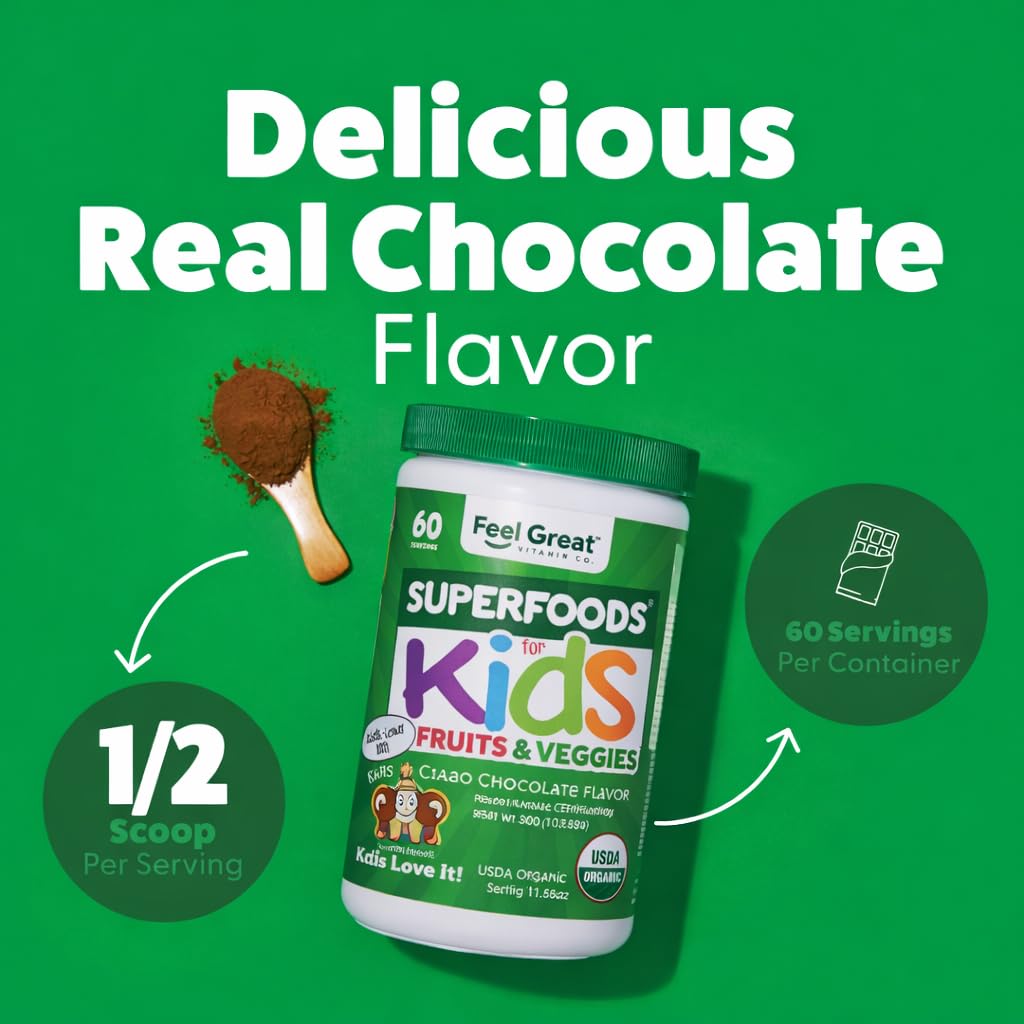 Feel Great USDA Organic Super Greens Powder for Kids - Cocao Chocolate | Fruit & Veggie Supplement | Superfood Powder with Probiotics & Digestive Enzymes for Digestive Health | 60 Days Supply The Feel Great Vitamin Company buy supplements canada