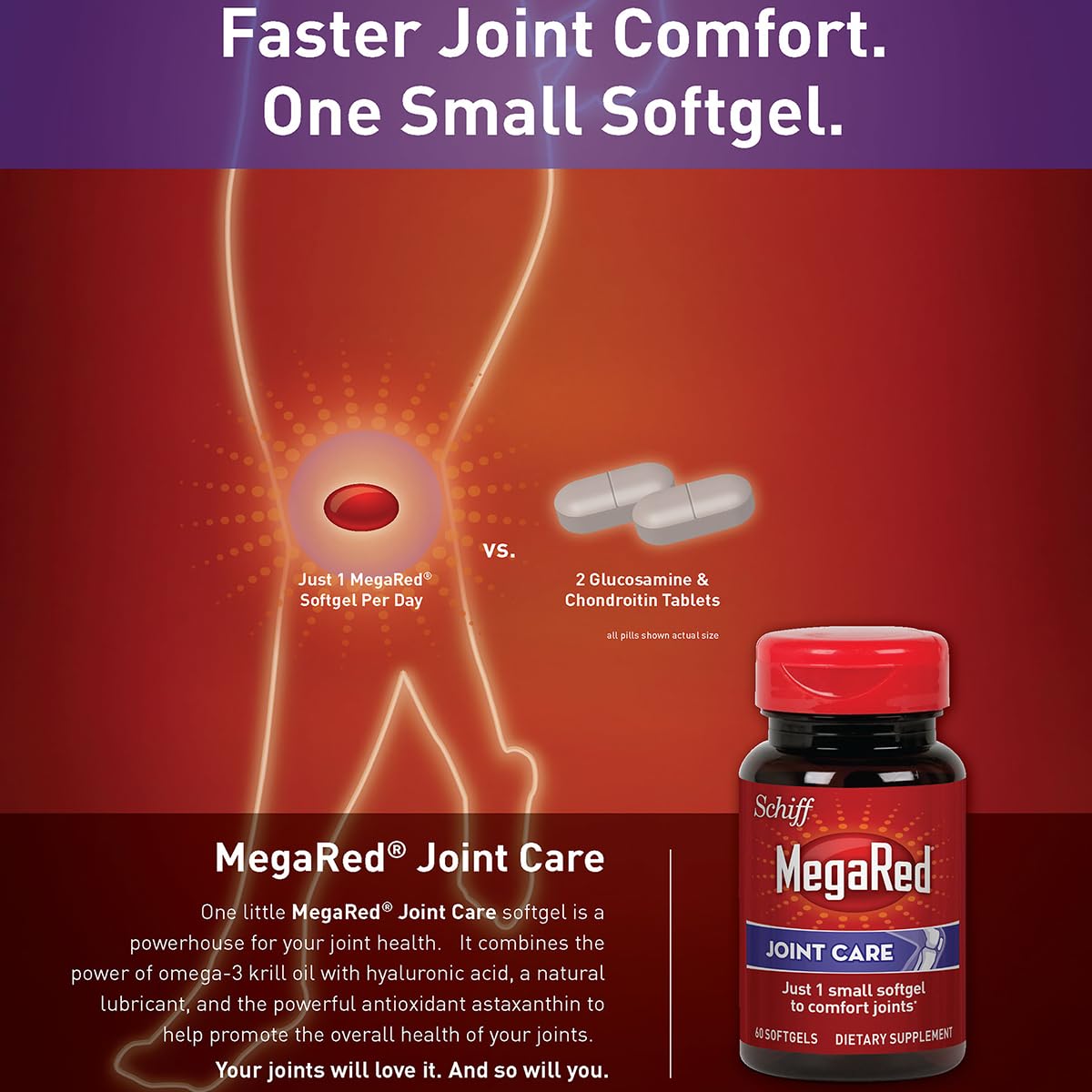 Omega-3 Krill Oil and Joint Supplement - Megared Joint Care 60 softgels - EPA/DHA fatty acids, Antioxidants, Hyaluronic acid, No fishy burp aftertaste as with Fish Oil MegaRed buy supplements canada