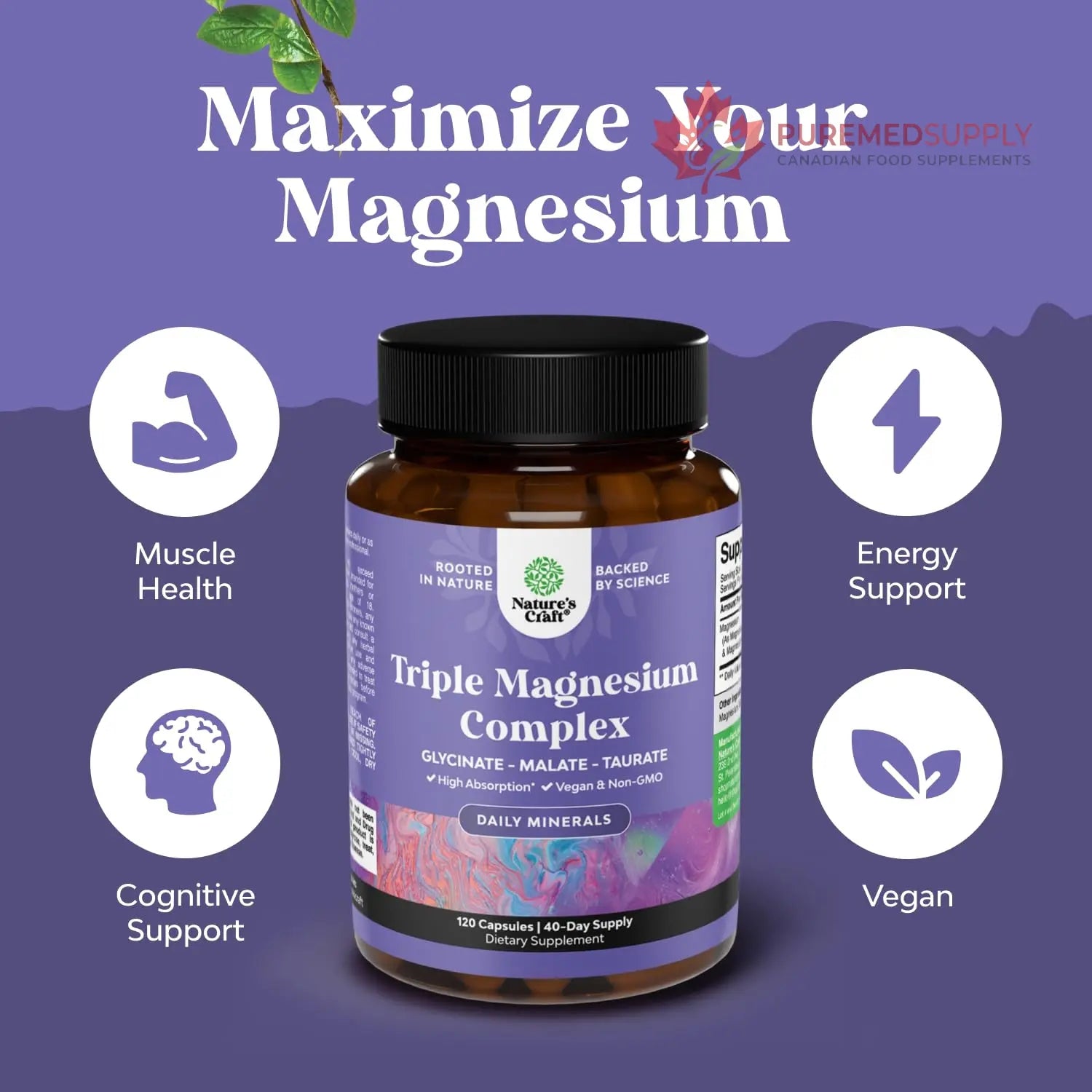 Triple Magnesium Complex Supplement - High Absorption Magnesium Glycinate, Malate & Taurate Blend for Muscles, Energy Support & Heart Health - Triple Mg Complex 400 mg Capsules - 120 Count Natures Craft buy supplements canada