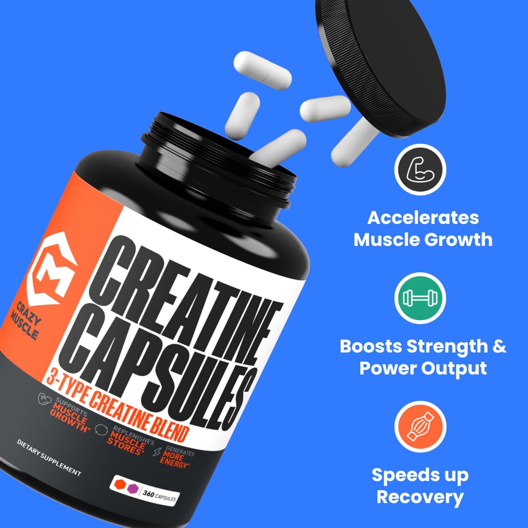 Creatine Capsules, 5g Premium 3X ThreeAtine Pre Workout Bulk Muscle Mass Gainer, High Absorption Easy to Take Creatine Monohydrate Pills Alternative Optimum Performance for Men Women, 180 Capsules Crazy Muscle buy supplements canada
