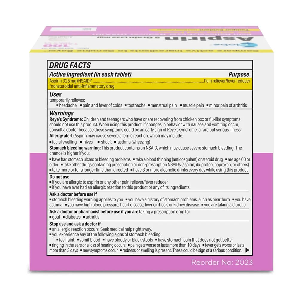 Globe Aspirin Tablets, 325 mg - 100 Count, Single Use Packets, NSAID Pain Relief, Pain Reliever & Fever Reducer, Arthritis Pain Relief, Headache Relief, Migraine Medicine Aspirin Pain Reliever. Globe buy supplements canada