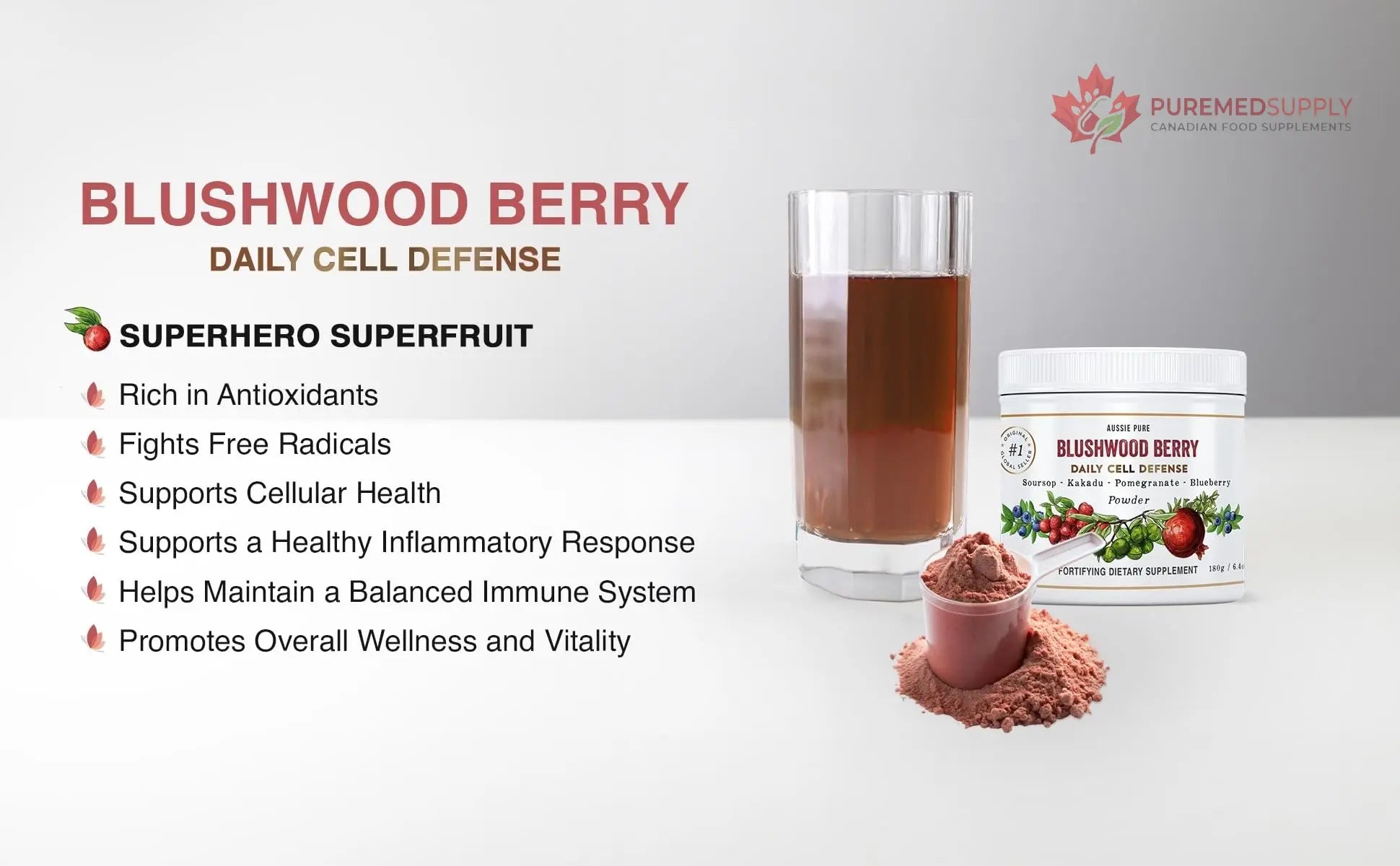 Aussie Pure Blushwood Berry Superfruit Daily Cell Defense - Soursop - Kakadu Plum - Pomegranate - Blueberry - Immune and Cell Support Powder - All Ages - Lab Tested and Authenticated - 180g/6.4oz Aussie Pure buy supplements canada