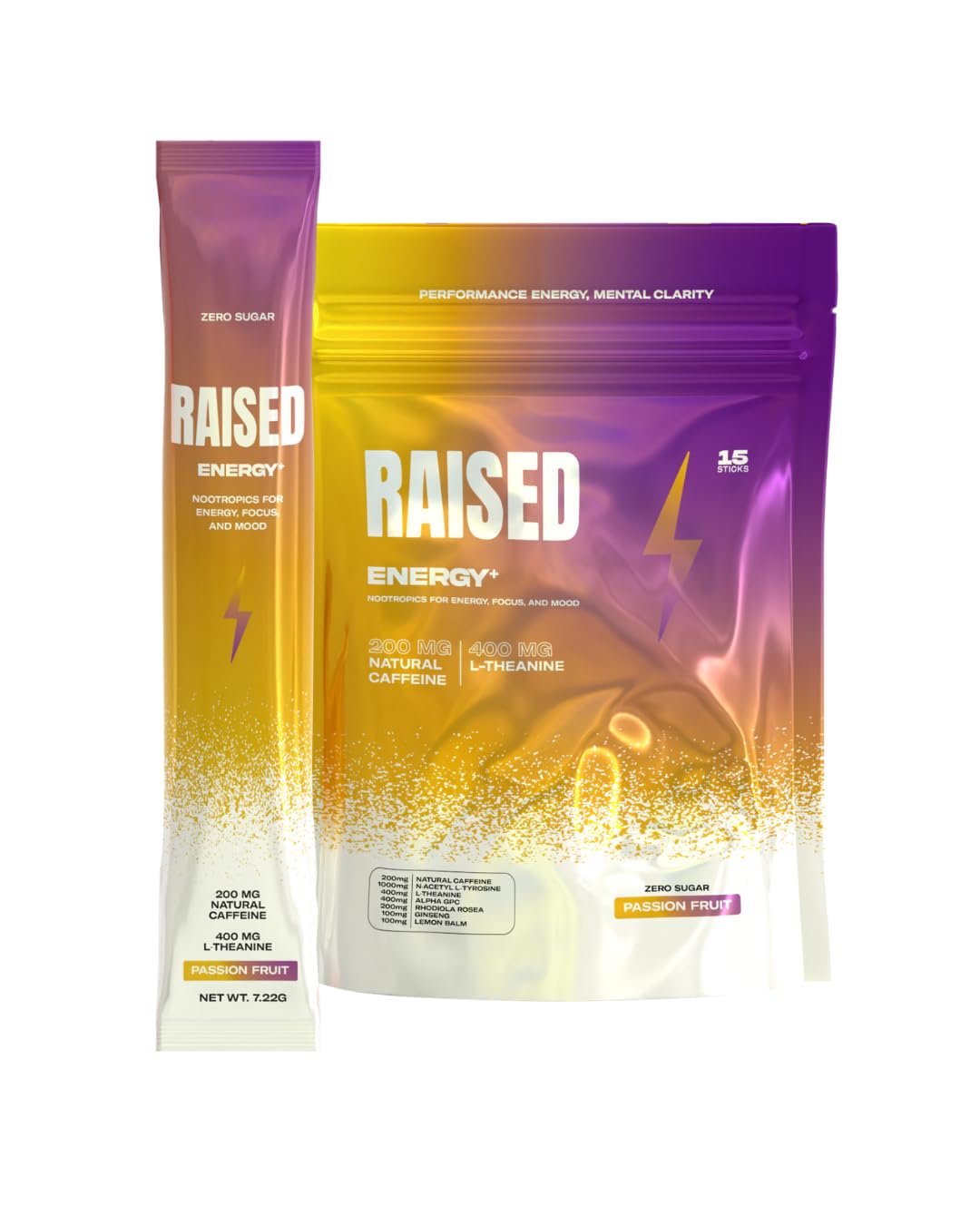 Raised Energy+ Nootropic Drink Mix | 200mg Natural Caffeine + L-Theanine | Zero Sugar | Clean Energy Powder for Focus, Mood & Motivation | 15 Stick Packs | Passion Fruit Flavor Raised buy supplements canada