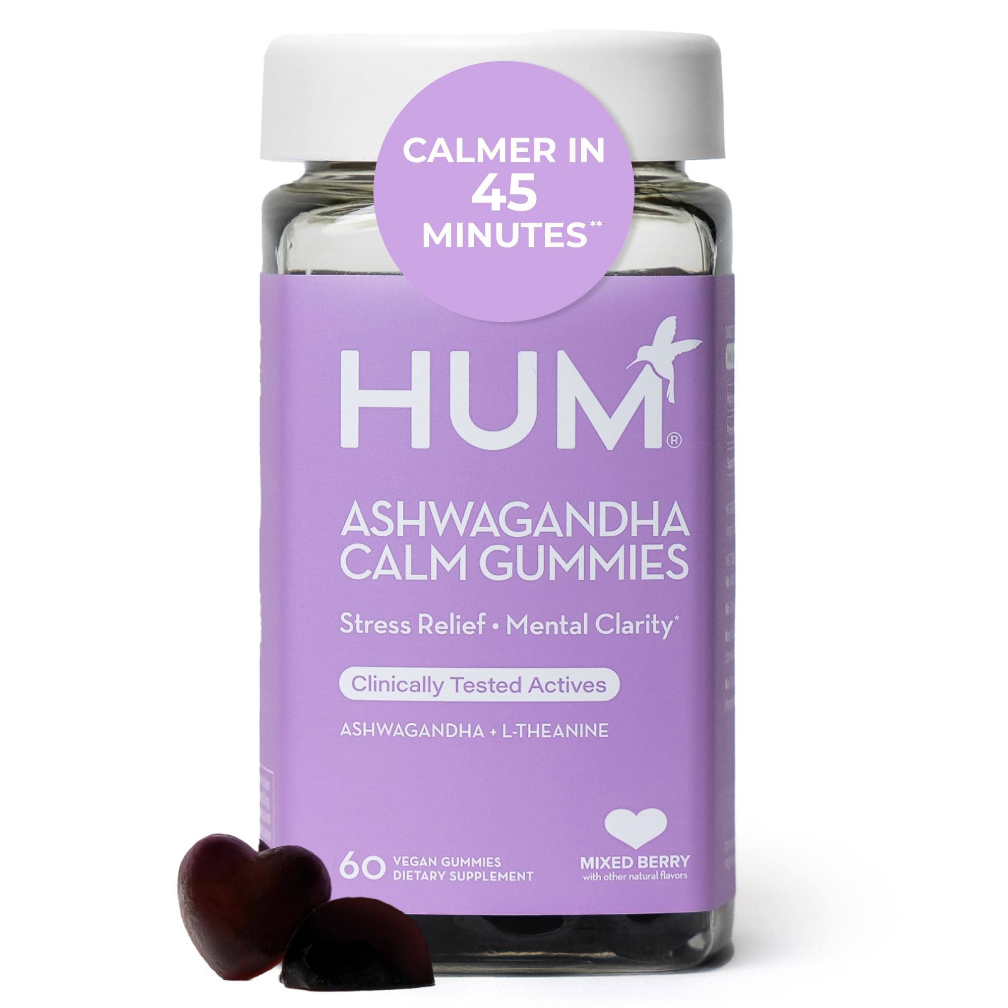 HUM Calm Ashwagandha Gummies for Women and Men, L-Theanine Ashwagandha Supplements for Daily Relaxation & Clarity Support, Vegan Fast Acting Gummy Formula, Mixed Berry Flavor, 60 Gummies HUM buy supplements canada