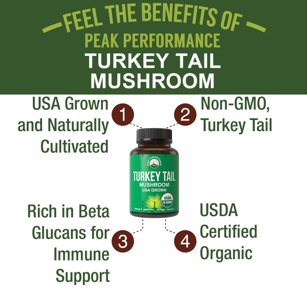 Peak Performance Organic Turkey Tail Capsules - USA Grown Made with Real Turkey Tail Mushroom. Immune System Support Naturally Harvested Mushroom Supplements for Immunity. Vegan Supplement Extract Peak Performance buy supplements canada