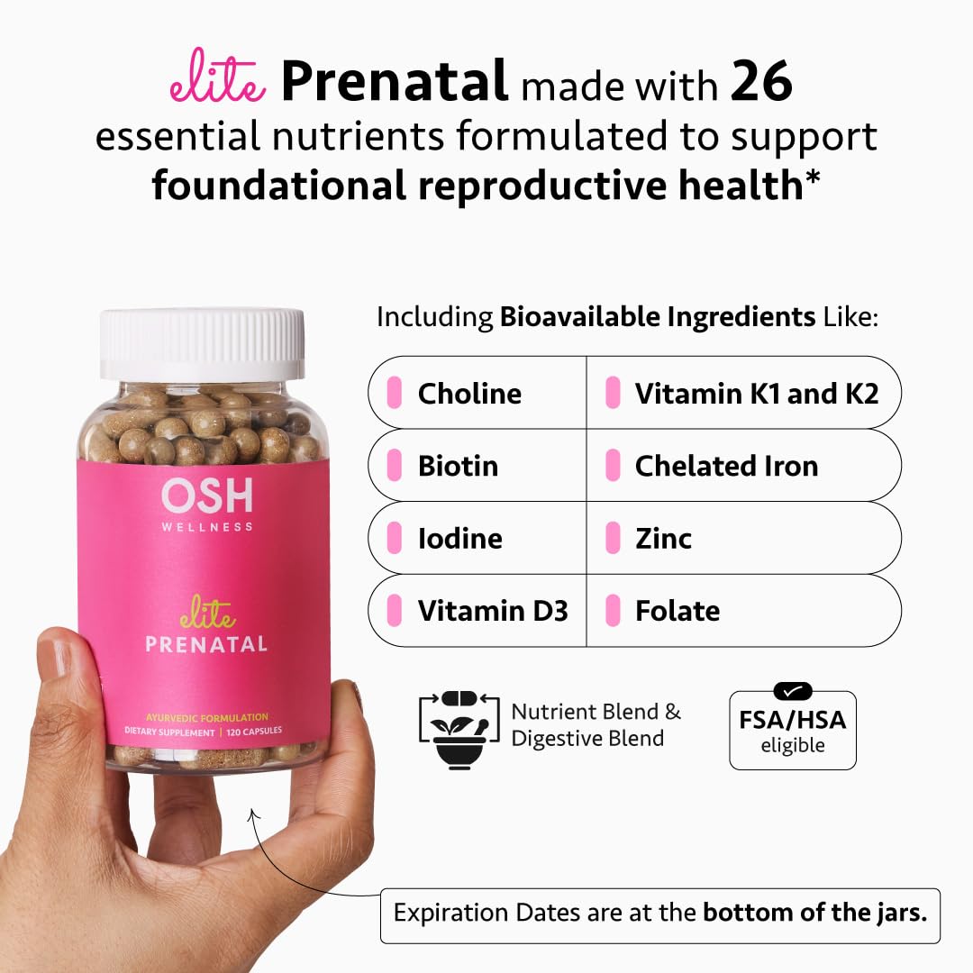 Ayurvedic Elite Prenatal Vitamins with Folate, Choline, Iron, Iodine & more | Made in USA | Optimal Bioavailability | Supports Baby's Growth and Brain Development | 30 Day Supply - OSH Wellness Freshly Moms buy supplements canada