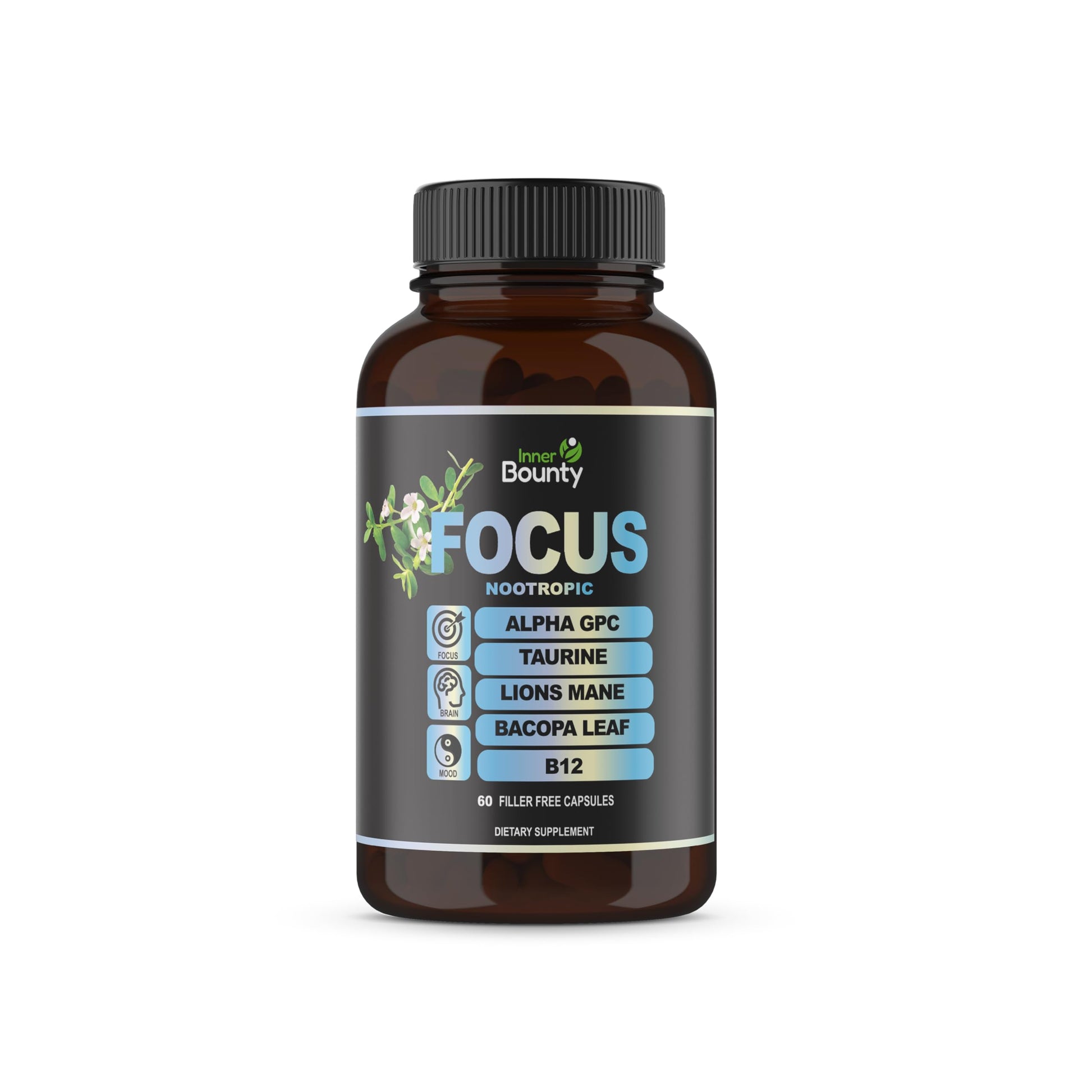 Inner Bounty Focus 14-in-1 Nootropic Brain Supplement with Lions Mane, Alpha GPC Choline, Vitamin C & B12, Taurine, Bacopa - Energy, Cognitive, Memory Support, 60 Filler Free Capsules Inner Bounty buy supplements canada