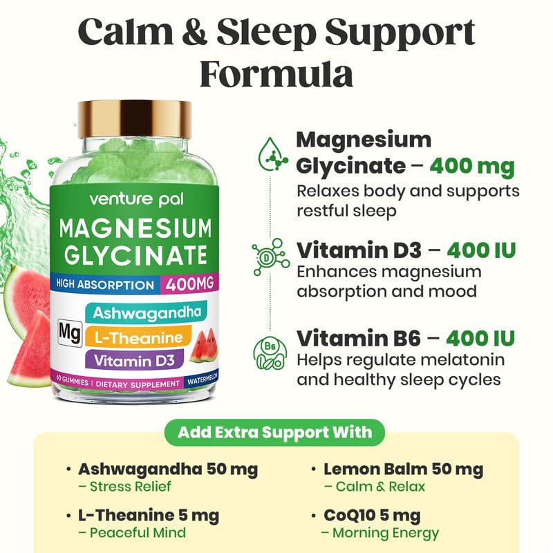 60 Day Supply Magnesium Glycinate 400mg Gummies with Ashwagandha, L-Theanine, CoQ10, Vitamin D3 & B6, Sugar Free Magnesium Gummies for Adults & Kids, Stress Relief, Sleep & Calm, Vegan, Gluten Free Venture Pal buy supplements canada