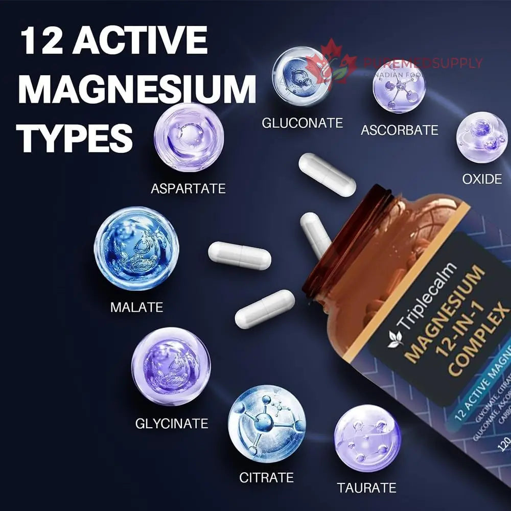 Magnesium Complex 12 in 1 Supplement - 12 Elemental 1000mg - Magnesium Glycinate, Citrate, Malate, Taurate - High Absorption,for Muscle, Nerve & Sleep Support - 120 Capsules Triplecalm buy supplements canada
