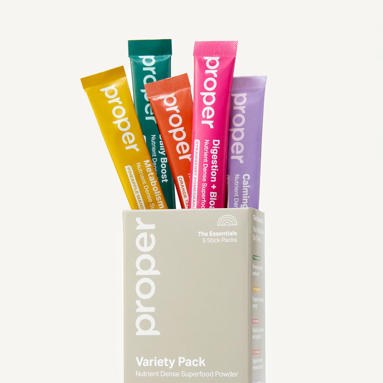 Proper The Essentials Super Foods Powder 5-Stick Variety Pack - Super Greens, Gut Health, Metabolism & Energy, Calm Magnesium Powder & Immune Support Supplement Packs Proper buy supplements canada