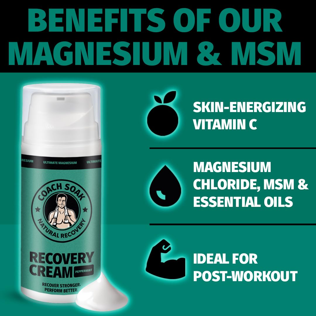 Coach Soak Magnesium Cream with MSM in Pump Bottle - Natural Recovery Cream with Magnesium Chloride & Menthol - Fast-Absorbing for Muscles & Joints, Cooling Menthol, 3.4oz Coach Soak buy supplements canada