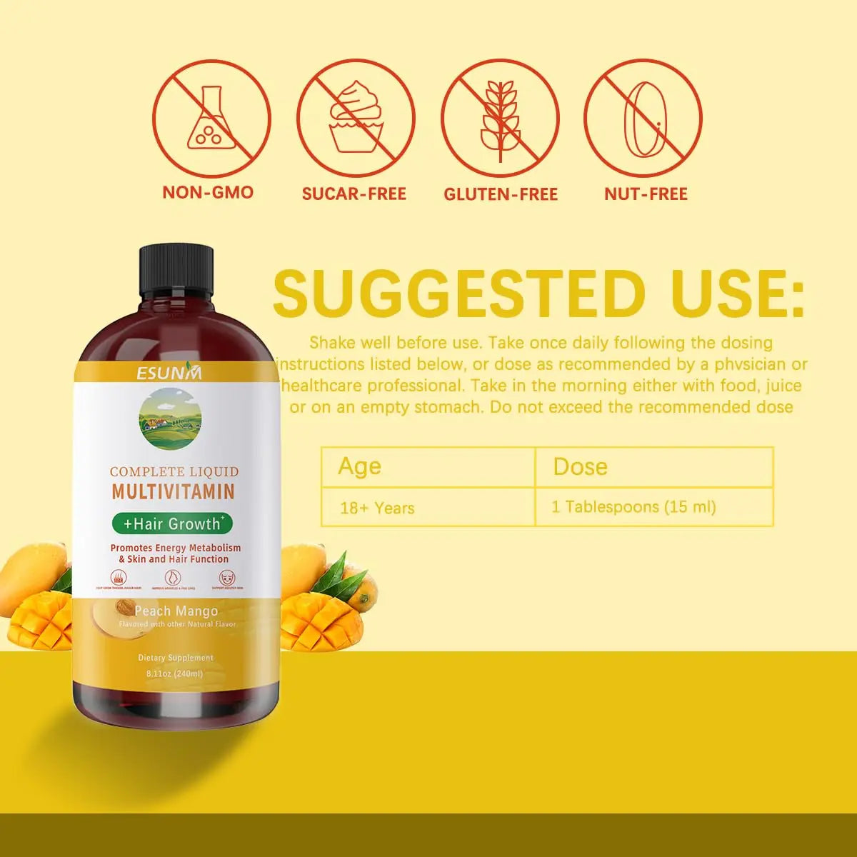 ESUNM Complete Liquid Multivitamin + Hair Growth, Promotes Energy Metabolism& Skin and Hair Function| Vitamin C D | B Vitamins | ESUNM buy supplements canada