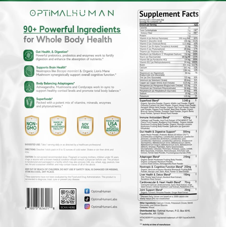 Optimal Human Superfood Greens Powder – 90+ Ingredient Blend with Lion’s Mane Supplement, Ashwagandha & Turmeric – Non-GMO, Soy-Free, Mushroom Supplements for Women – 20 Sachets O H buy supplements canada