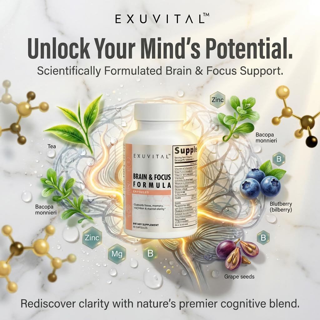 EXUVITAL Brain & Focus Formula, Veggie Capsules, 60 Count, Nootropic Supplement with Vitamins, Minerals and Proprietary Blend for Clarity, Memory, Cognition and Mental Focus EXUVITAL buy supplements canada