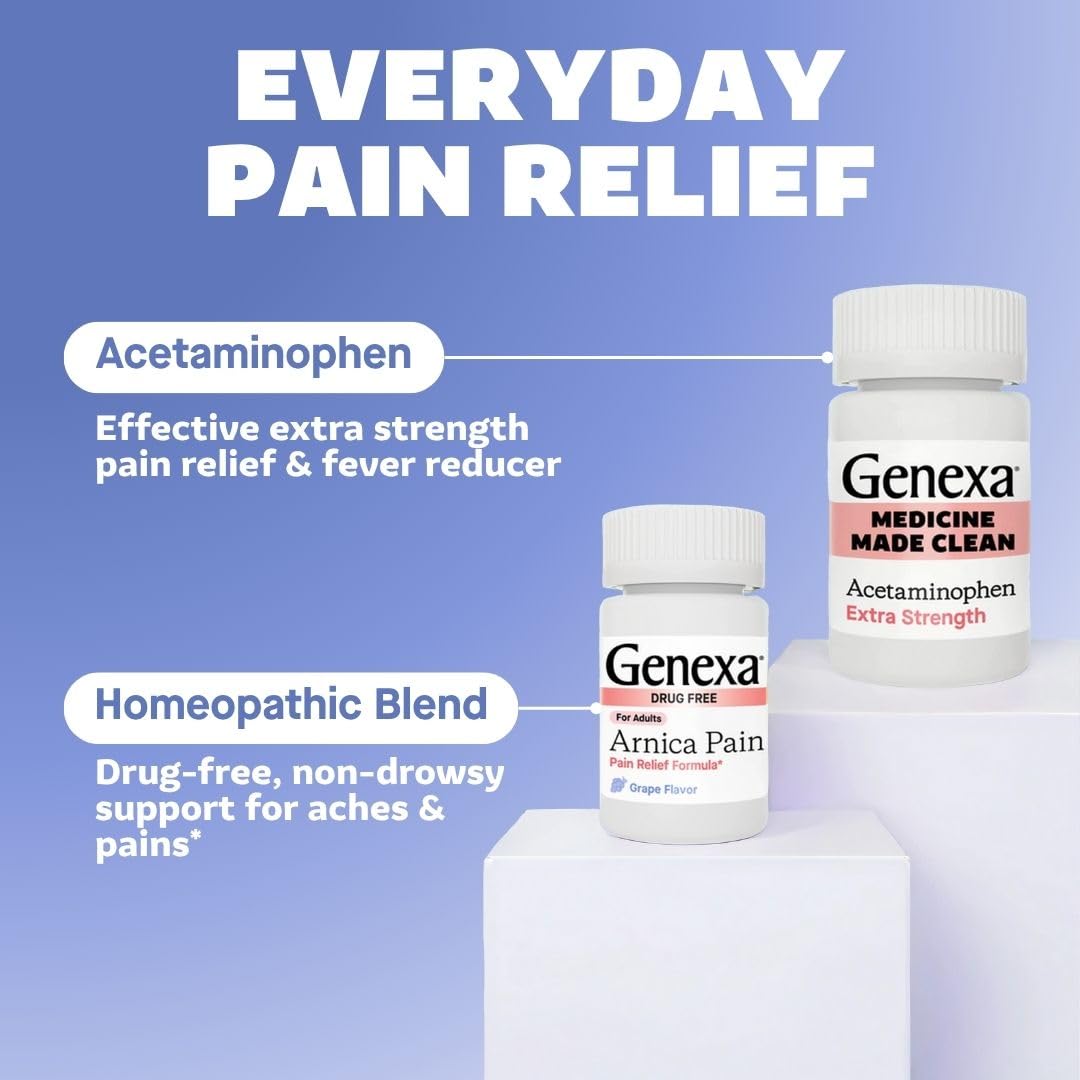 Genexa Adult Pain Relief Bundle | 500mg Acetaminophen Caplets + Homeopathic Arnica Chewables | Fast Relief for Headache, Joint & Muscle Pain | OTC + Homeopathic Combo | No Dyes or Artificial Additives Genexa buy supplements canada