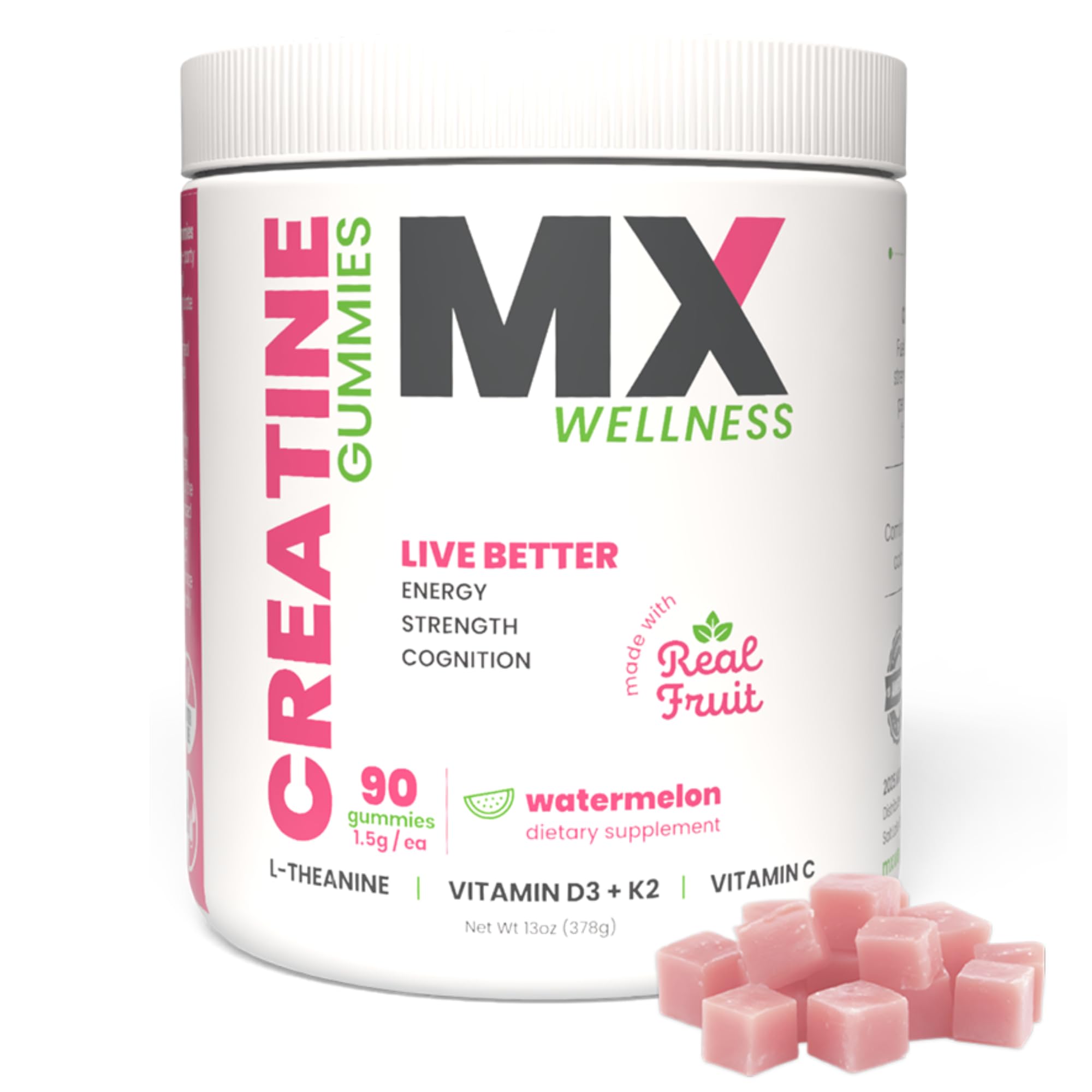 MX Wellness Creatine Monohydrate Gummies for Men & Women – Real Fruit Gummy Supplement for Muscle Growth, Recovery, Longevity, Cognitive Health & Memory – 90 Chews (90 Gummies, Watermelon) MX Wellness buy supplements canada