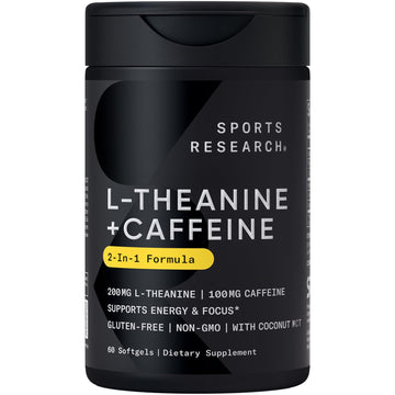 Sports Research L-Theanine Supplement with Caffeine & Coconut MCT Oil - Focused Energy, Alertness & Relaxation Without Drowsiness - 200mg L Theanine, 100mg Organic Caffeine - 60 Liquid Softgels Sports Research buy supplements canada