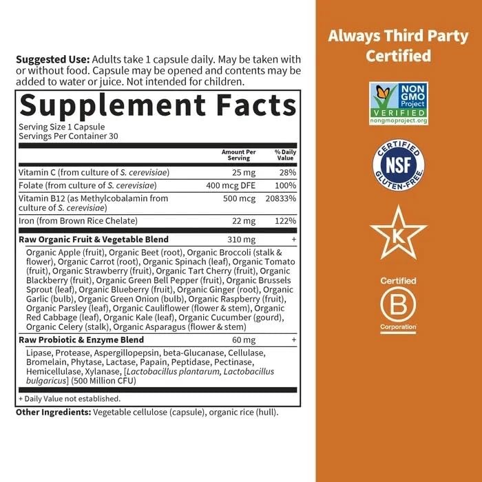 Garden of Life Vitamin Code Raw Iron Supplement - 30 Vegan Capsules, 22mg Once Daily Iron, Vitamins C, B12, Folate, Fruit, Veggies & Probiotics, Iron Supplements for Women Garden of Life buy supplements canada