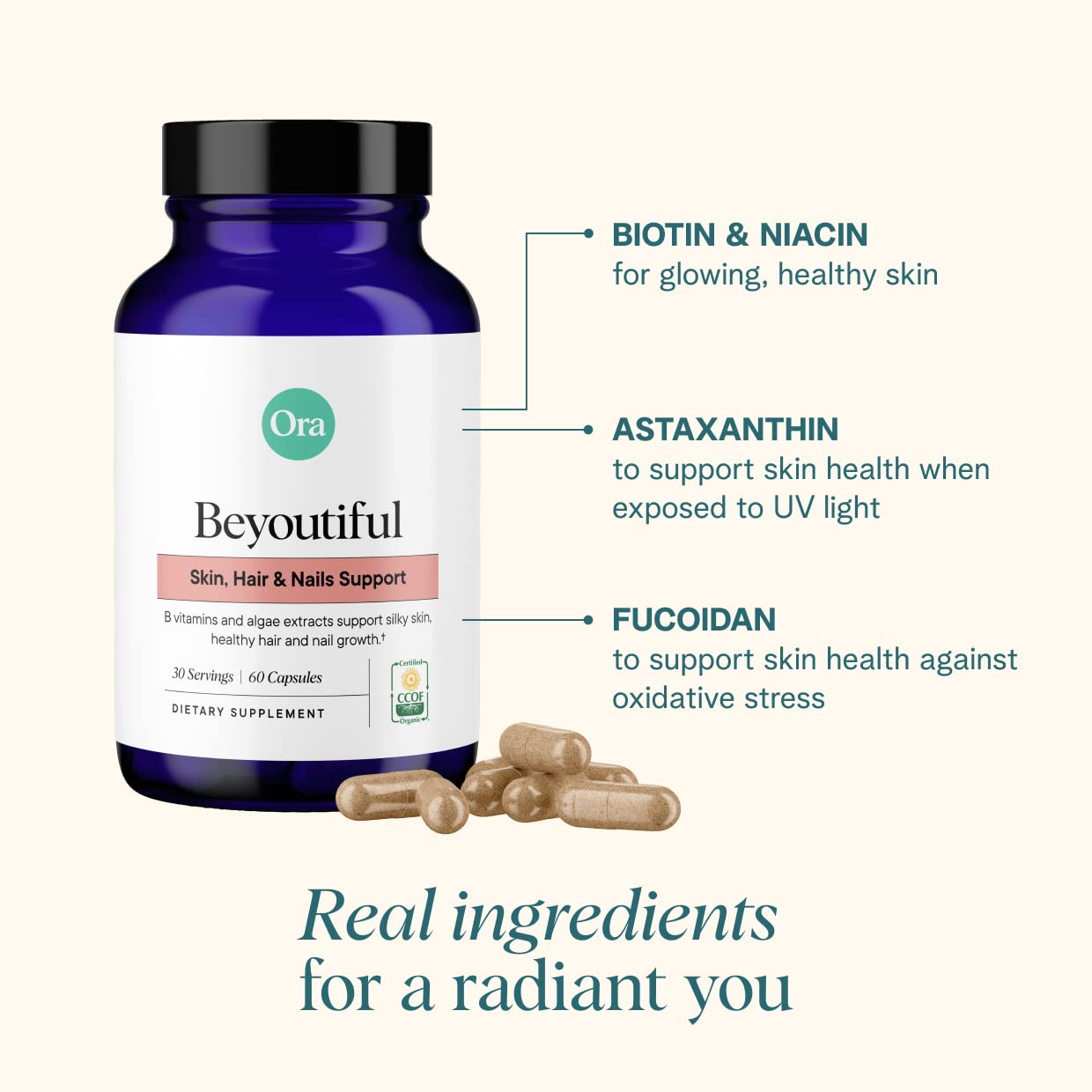 Ora Organic Hair, Skin, and Nails Support- BeYouTiful - Beauty Supplement with B Vitamins and Algae Extracts for Healthy Hair and Skin - 60 Vegan Capsules Ora Organic buy supplements canada