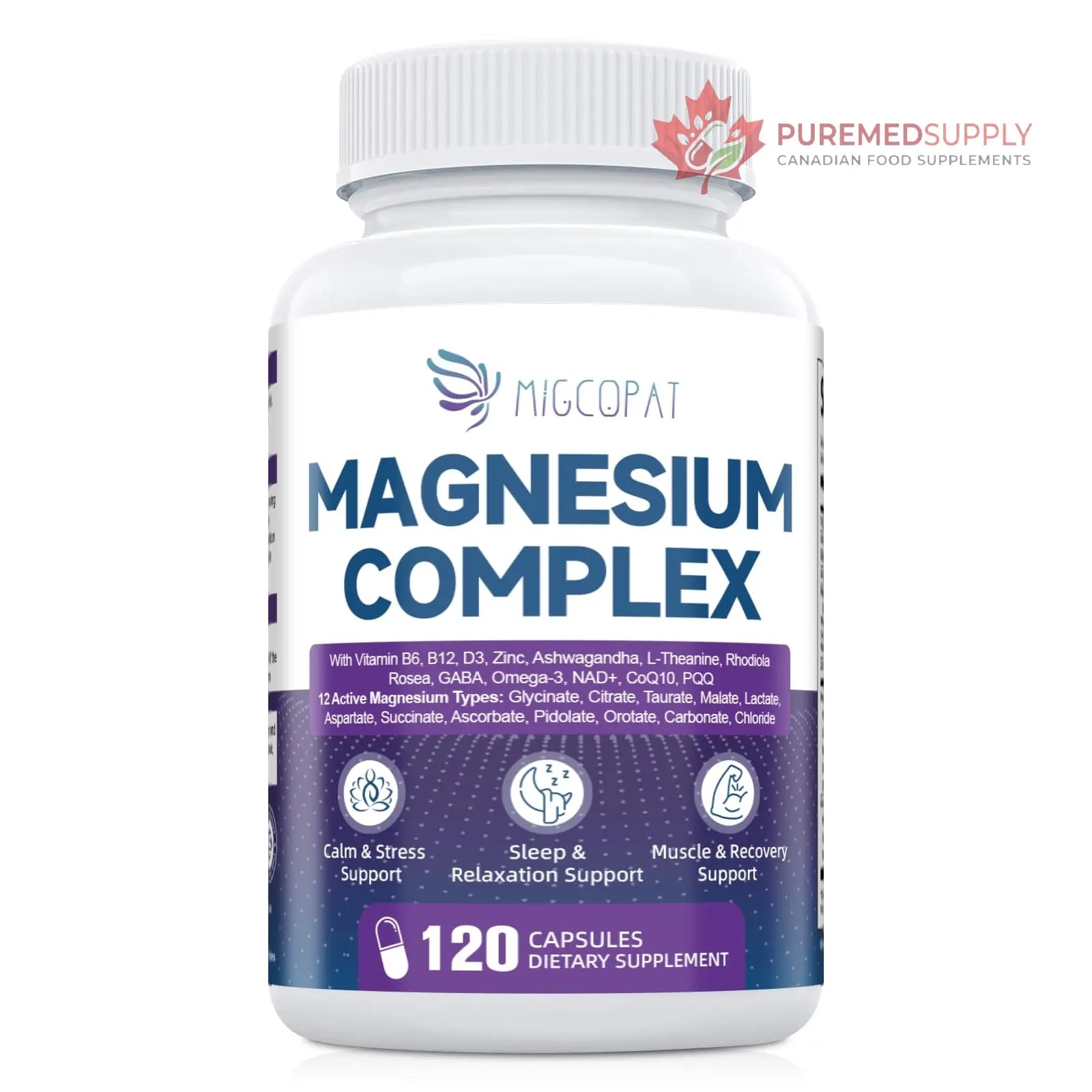 Migcopat Magnesium Complex w/Magnesium Glycinate, Malate, Citrate | 24-in-1 Magnesium Supplement w/Ashwagandha, L-Theanine & NAD+ | Supports Calm, Energy, Muscle & Sleep | Non-GMO, 120 Vegan Caps Migcopat buy supplements canada
