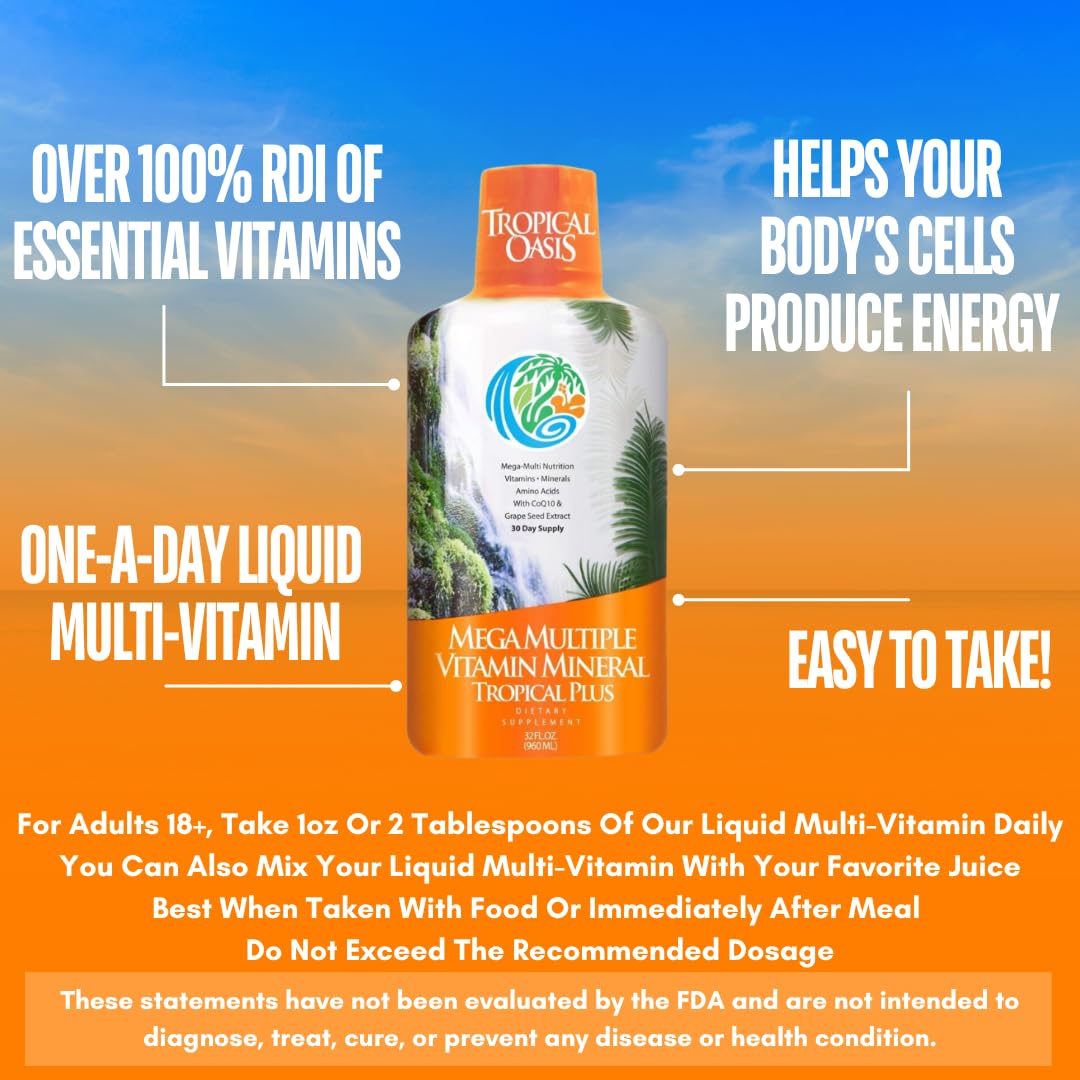 Tropical Oasis Mega Plus - Liquid Multivitamin and Mineral Supplement – Includes 85 Vitamins & Minerals, 20 Amino Acids + CoQ10, Grape Seed Extract & Organic Aloe Vera - 32oz, 32 Servings, 33460 Tropical Oasis buy supplements canada
