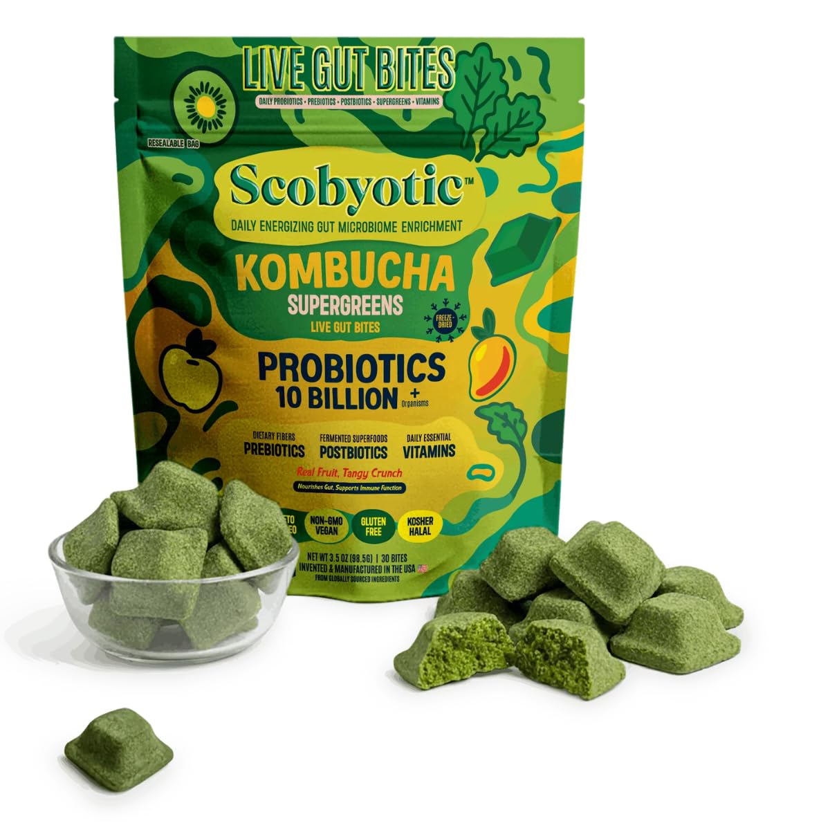 Scobyotic® Kombucha Supergreens Live Gut Bites – 10 Billion CFU Probiotics + Prebiotics & Postbiotics – Kombucha & Supergreens – Freeze-Dried Probiotic Supplement Scobyotic buy supplements canada