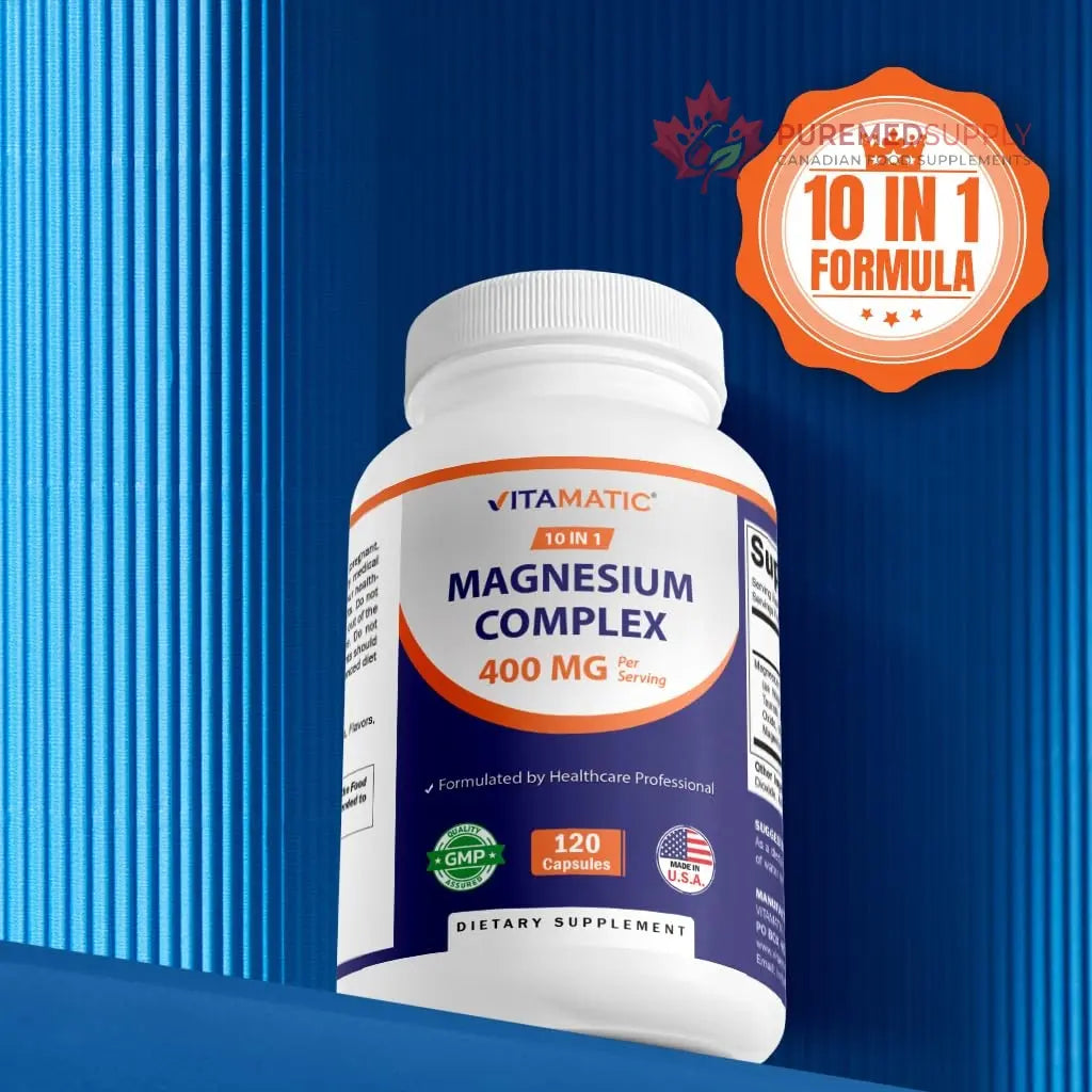 Vitamatic Magnesium Complex, 400mg Elemental MG (as Bisglycinate, Citrate, Taurate, Malate, Aspartate, Oxide, Gluconate, Lysinate Glycinate, Orotate, Succinate) - 120 Capsules per Pack - 2 Pack Vitamatic buy supplements canada