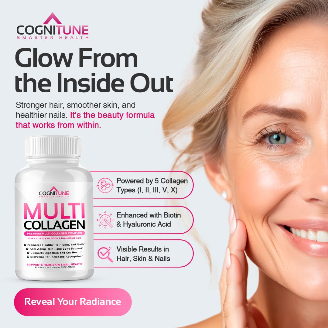 CogniTune Multi Collagen Peptides for Women with Biotin, Hyaluronic Acid, Vitamin C - 5 Types I II III V X Colageno Hidrolizado - 2000mg Hair Skin Nails Joints Support - 120 Capsules CogniTune buy supplements canada