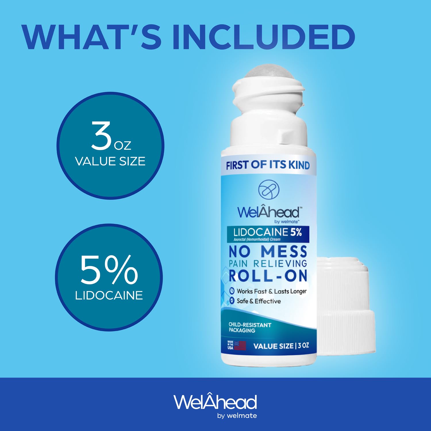 WELMATE - 5% Lidocaine Roll-On (3 oz Value Size) - No Mess Targeted Relief - Topical Anesthetic - Hemorrhoid Relief - Aloe Vera - Fast Acting & Long Lasting - Over-The-Counter Medication - First Aid WELMATE buy supplements canada
