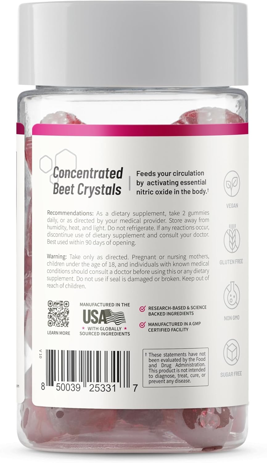 Snap Supplements Nitric Oxide Gummies - Beet Root Extract 300mg, Sugar Free Beetroot Supplement with Pomegranate Powder for Circulation & Natural Energy, 60 Vegan Gummies, Cherry Flavor Snap Supplements buy supplements canada