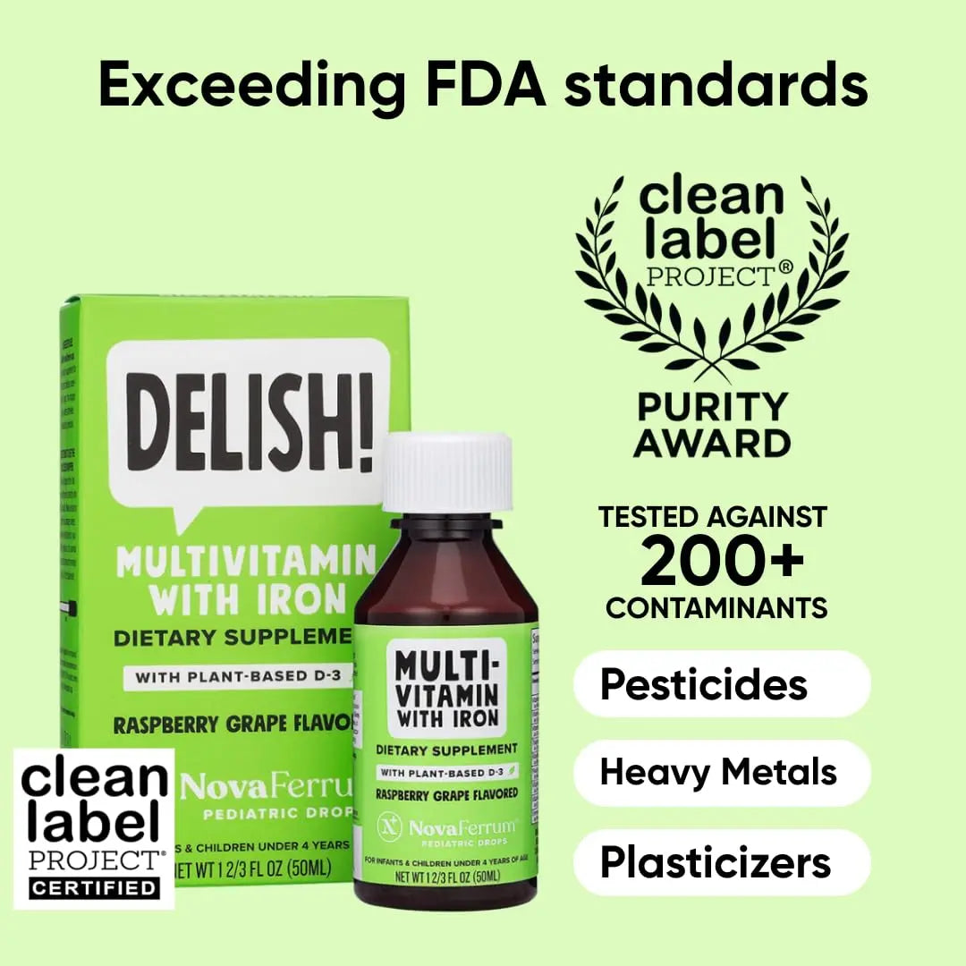 NovaFerrum Delish | Vegan Multivitamin with Iron for Infants, Toddlers & Kids | Immune Support | Organic Plant-Based D-3 | NovaFerrum buy supplements canada