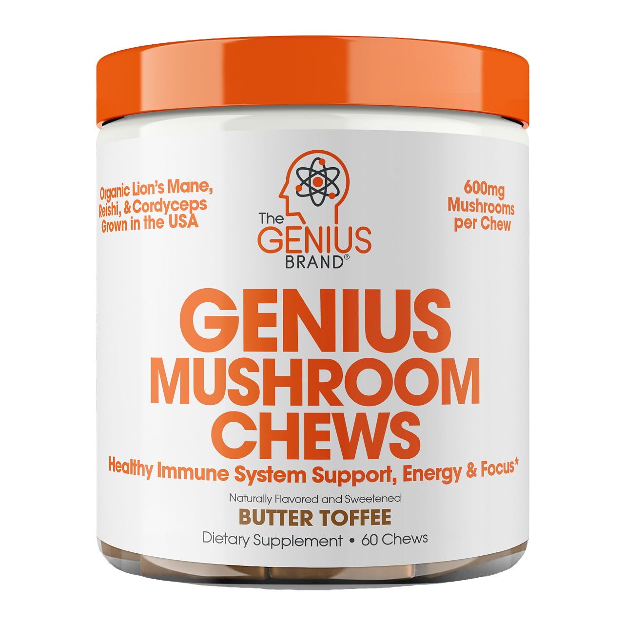The Genius Brand Genius Mushroom - Plant-Based Supplement for Immune, Focus & Energy Support - Lion's Mane, Cordyceps & Reishi - Organic & Non-GMO - Butter Toffee - 60 Soft Chews The Genius Brand buy supplements canada