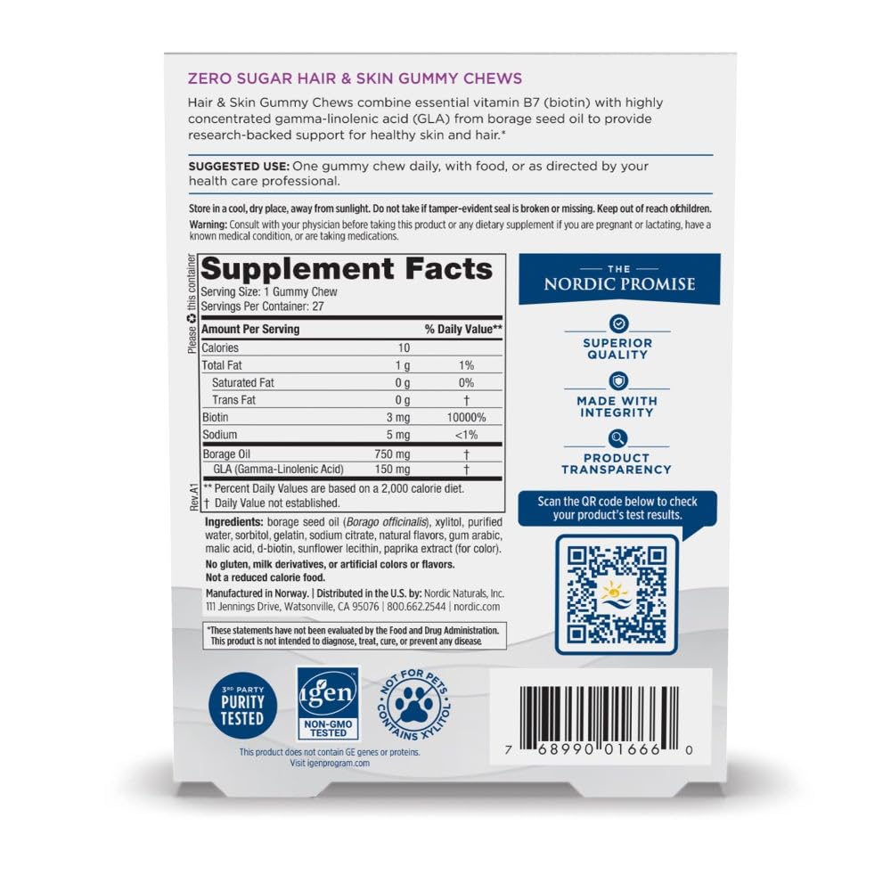 Nordic Naturals Zero Sugar Hair & Skin Gummy Chews, Strawberry Lemonade - 27 Gummy Chews - Biotin + GLA from Borage Oil - Promotes Healthy Balance of Fats in Skin - Non-GMO - 27 Servings Nordic Naturals buy supplements canada