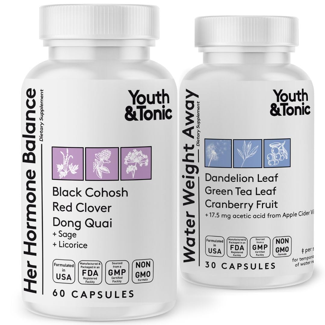 Youth & Tonic PMS & Menopause Bloating Relief Duo – Support for Puffiness, Hormonal Balance & Fluid Retention – Her Hormone Balance + Water Weight Away Natural Herbs for Women, 90 Capsules Youth & Tonic buy supplements canada