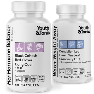 Youth & Tonic PMS & Menopause Bloating Relief Duo – Support for Puffiness, Hormonal Balance & Fluid Retention – Her Hormone Balance + Water Weight Away Natural Herbs for Women, 90 Capsules Youth & Tonic buy supplements canada