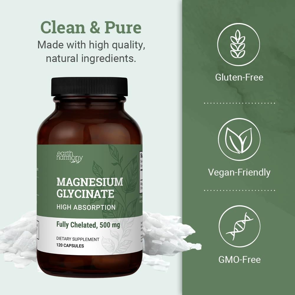 Pure Magnesium Glycinate 500mg - Chelated Magnesium Supplement, High Absorption Capsules for Sleep, Glicinato De Magnesio with Organic MCT Powder (120 Capsules) Earth Harmony Naturals buy supplements canada