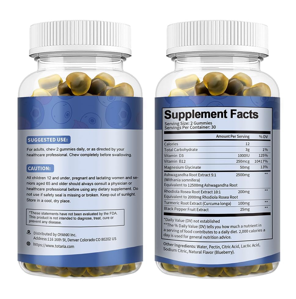 (2 Packs) Sugar Free Ashwagandha Filled Gummies w/Vitamin D3, Magnesium Glycinate, Rhodiola, Ultra Strength Ashwa Root Supplements for Women & Wen, for Relaxation, Energy, Cortisol Gummies Totaria buy supplements canada