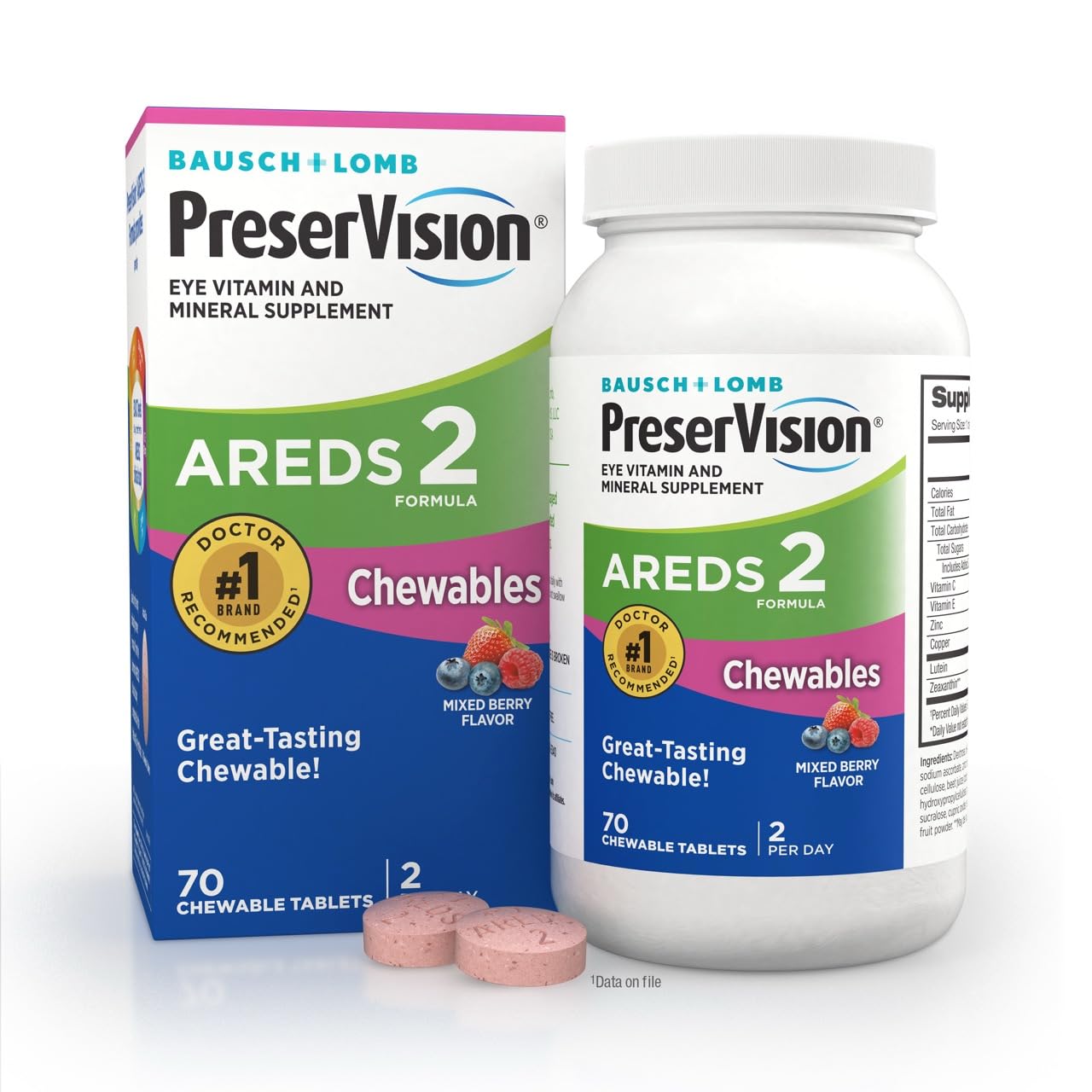 PreserVision AREDS 2 Eye Vitamins, #1 Eye Doctor Recommended Brand, Chewable Lutein and Zeaxanthin Supplement with Vitamin C, Vitamin E,Zinc, and Copper, Mixed Berry, 70 Tablets PreserVision buy supplements canada