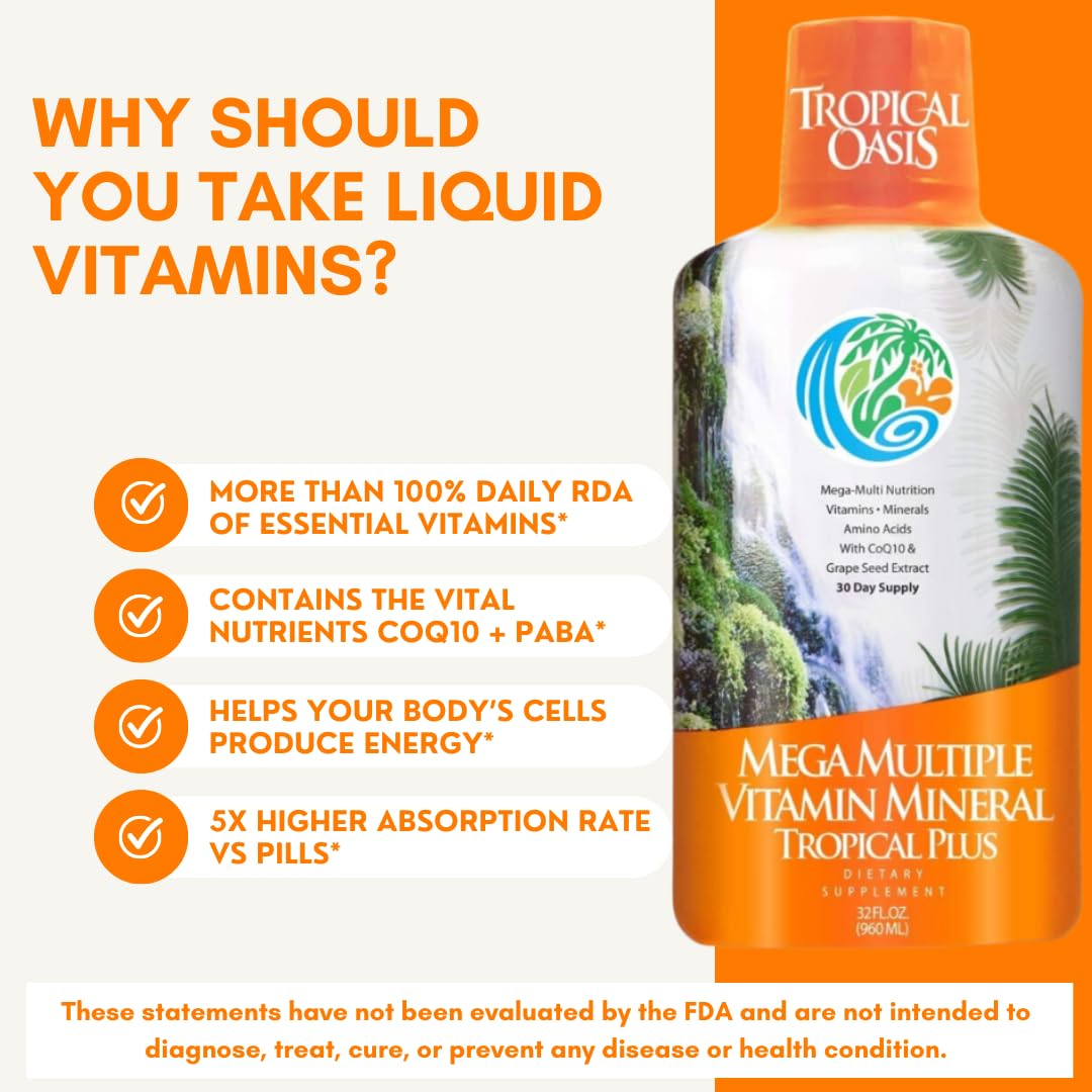 Tropical Oasis Mega Plus - Liquid Multivitamin and Mineral Supplement – Includes 85 Vitamins & Minerals, 20 Amino Acids + CoQ10, Grape Seed Extract & Organic Aloe Vera - 32oz, 32 Servings, 33460 Tropical Oasis buy supplements canada