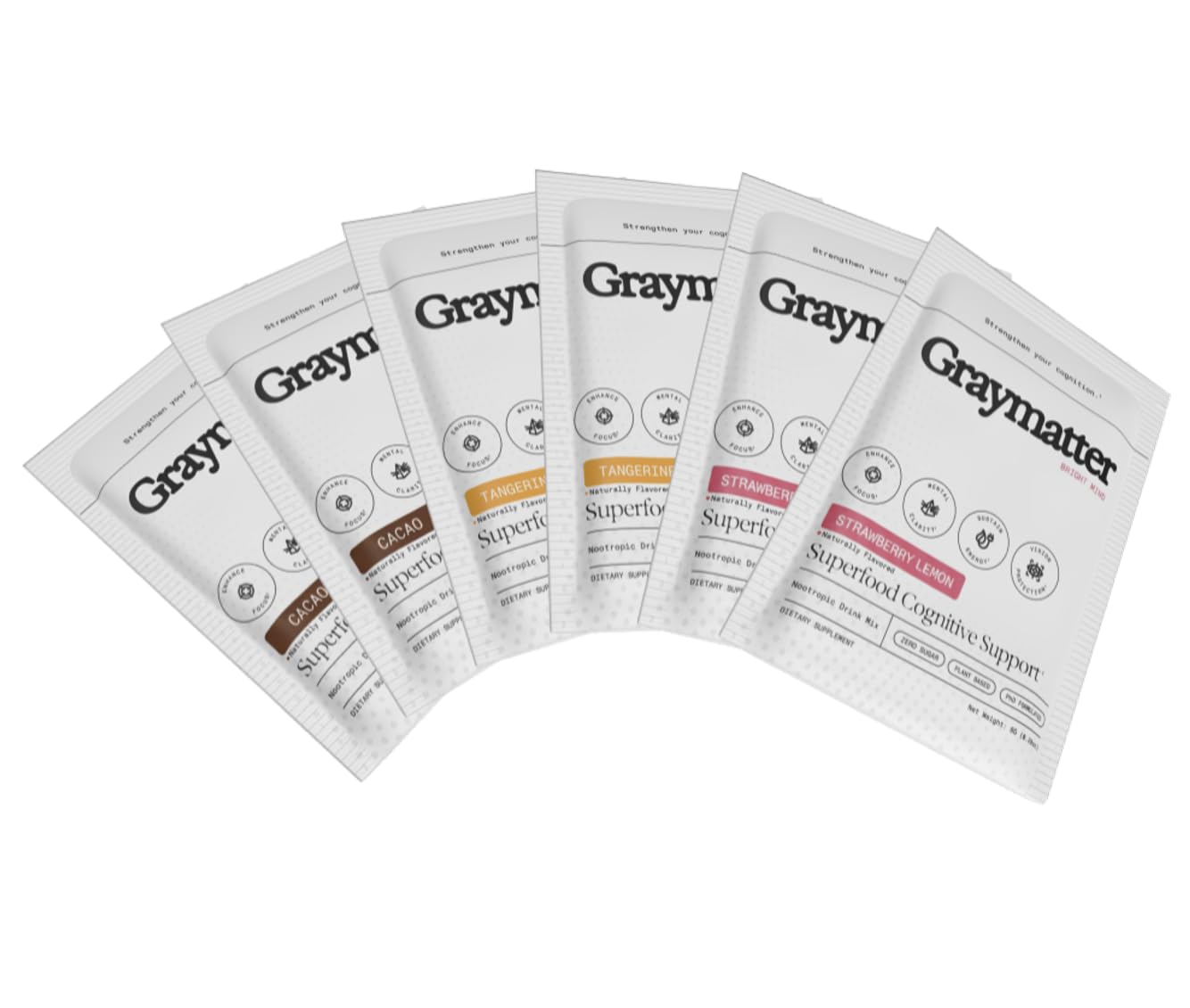 Graymatter Bright Mind Nootropic Powder (6 Travel Packets Variety Pack: Cacao, Tangerine, Strawberry Lemon) – Plant-Based Energy & Focus Drink Mix, Adaptogens & Vitamins, Sugar-Free Daily Supplement Graymatter buy supplements canada
