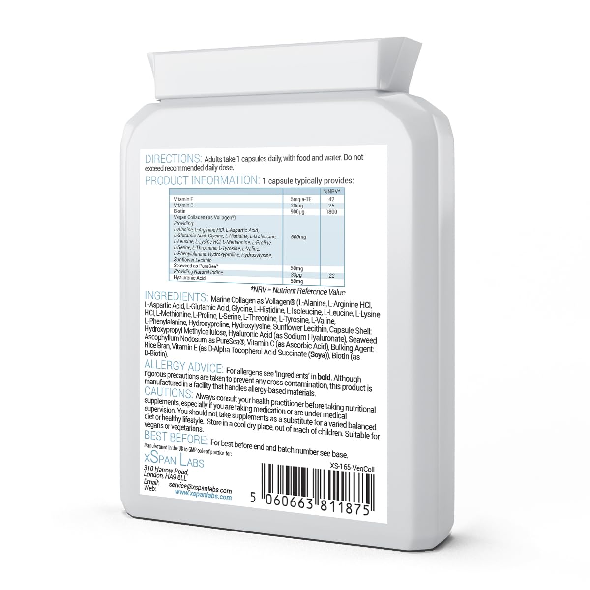 Vegan Collagen & Hyaluronic Acid Complex - 60 Capsules - Effective Skin, Hair & Nails Formula Xspan Labs buy supplements canada