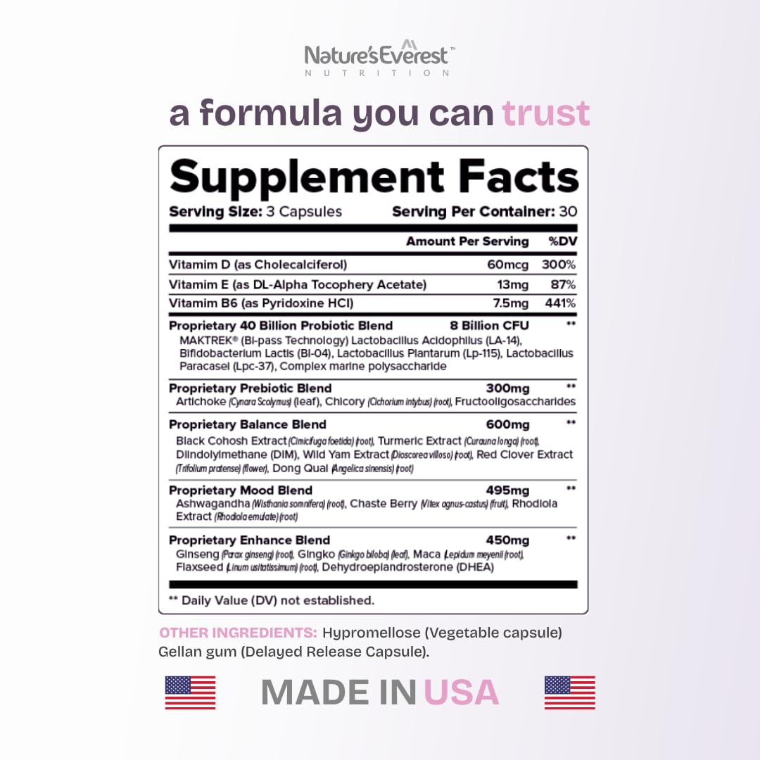 Complete Menopause Supplement for Women – Supports Hormone Balance, Hot Flashes, Night Sweats & Mood – with DIM, Black Cohosh, Dong Quai, Chasteberry, Pre & Probiotics – 90 Capsules – Made in USA Nature's Everest buy supplements canada