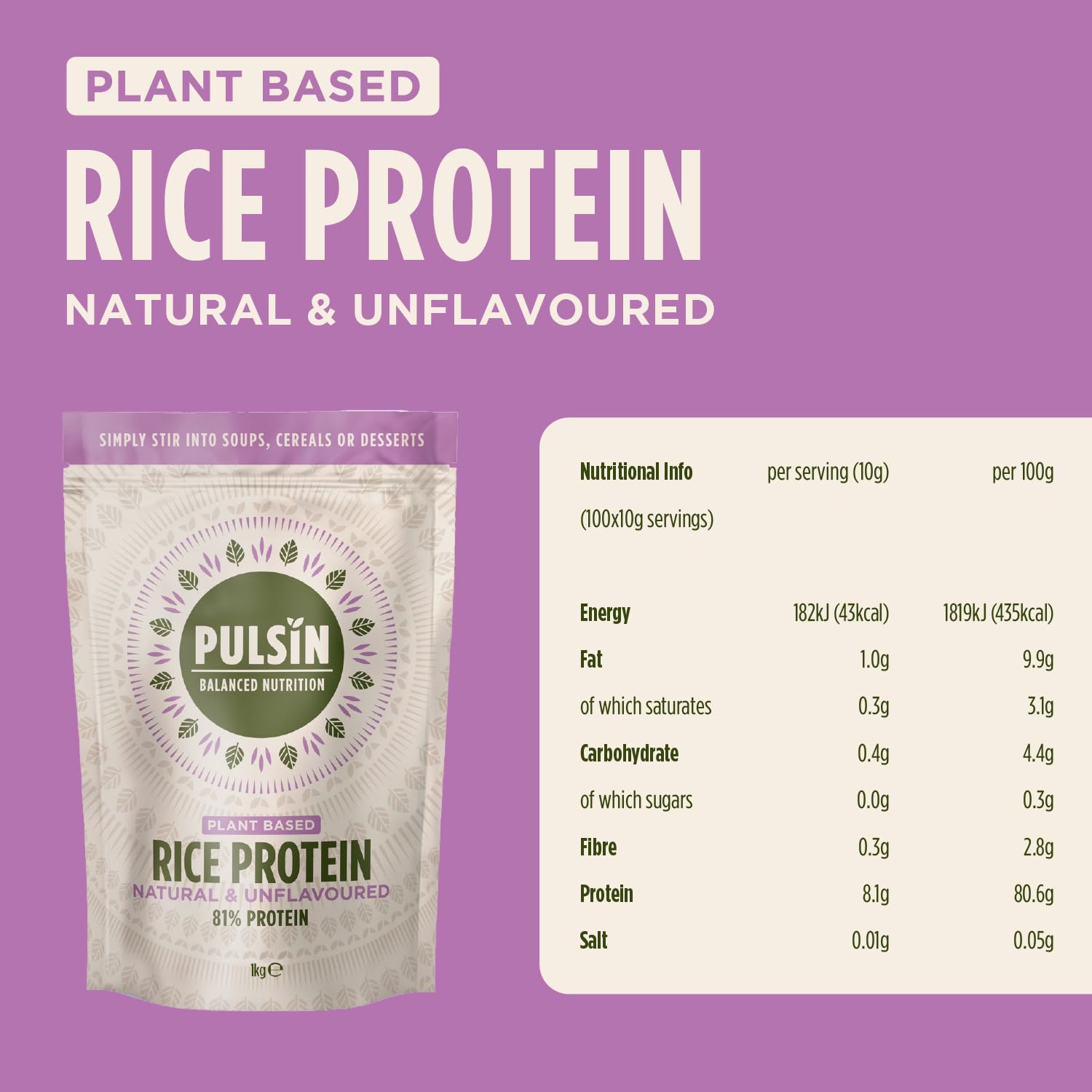 Pulsin - Natural & Unflavoured Vegan Rice Protein Powder - 1kg - 8.1g Protein, 0.4g Carbs, 43 Kcal Per Serving Pulsin buy supplements canada