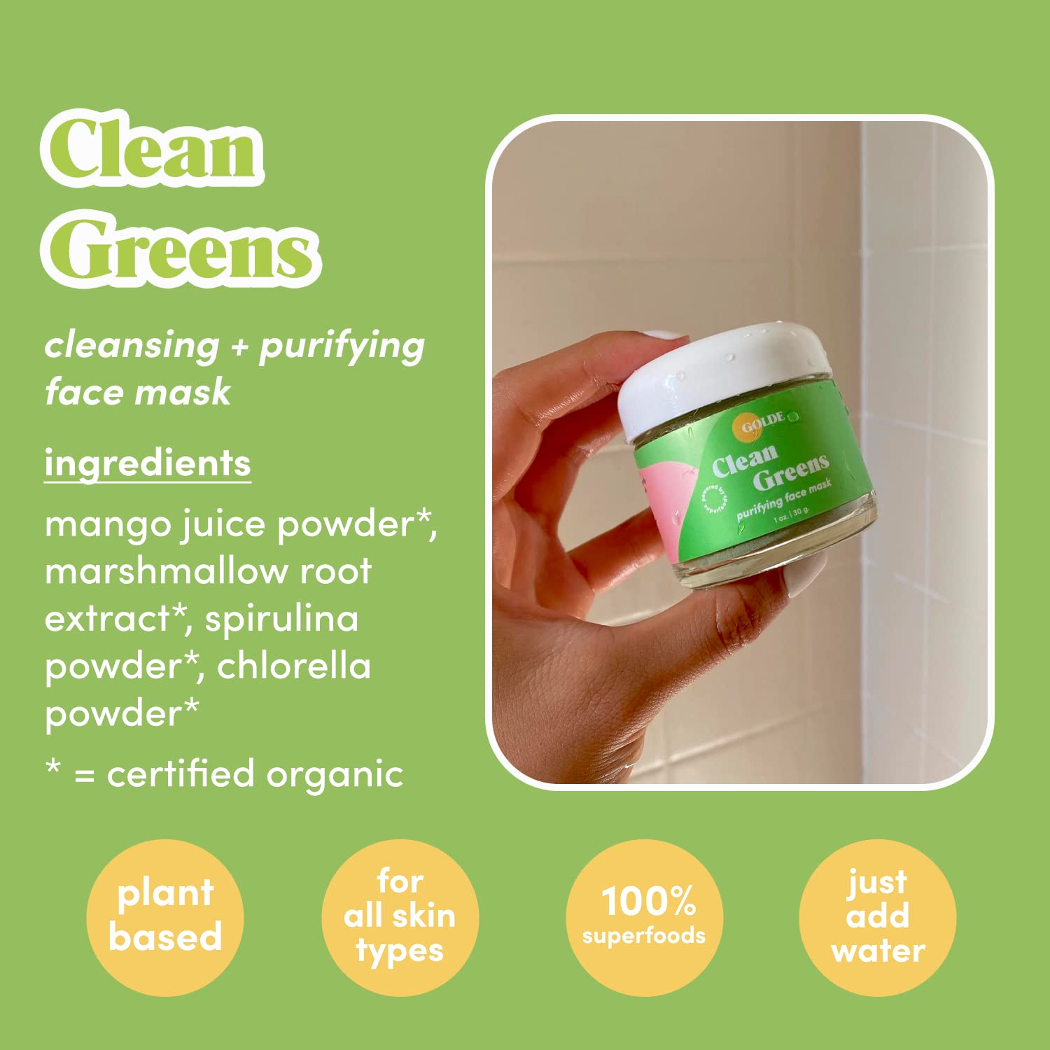 GOLDE - Clean Greens Superfood Face Mask - Made w/Chlorella & Spirulina - Great for Acne Prone, Oily & Dry Skin, Hydrating - Gentle Cleanser - Vegan - Aluminum-Free - 30g Jar GOLDE buy supplements canada