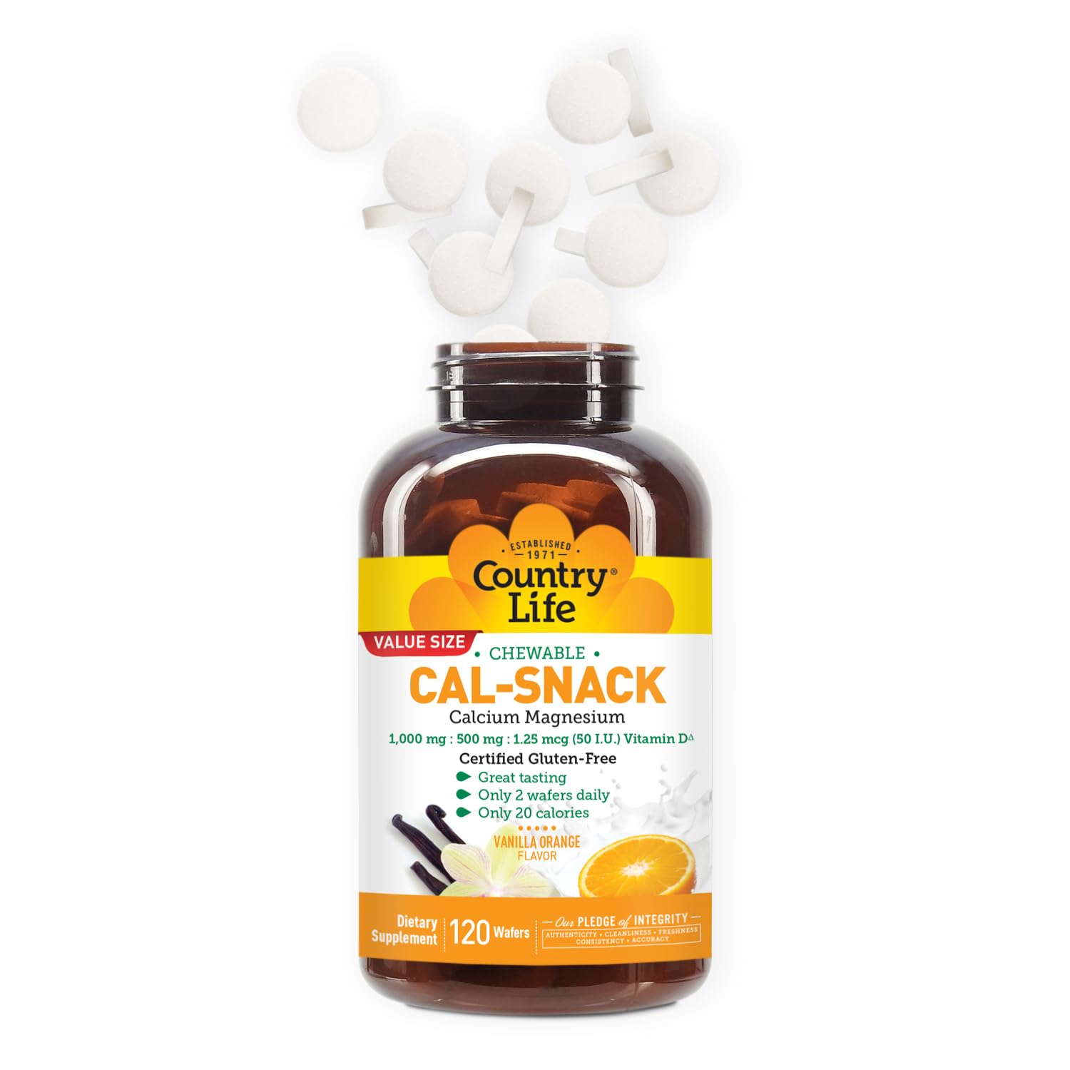 Country Life Cal-Snack - Chewable Calcium Magnesium Supplement wafers with Vitamin D3, Easy to Digest, Vanilla Orange Flavor, Dietary Supplement Country Life buy supplements canada