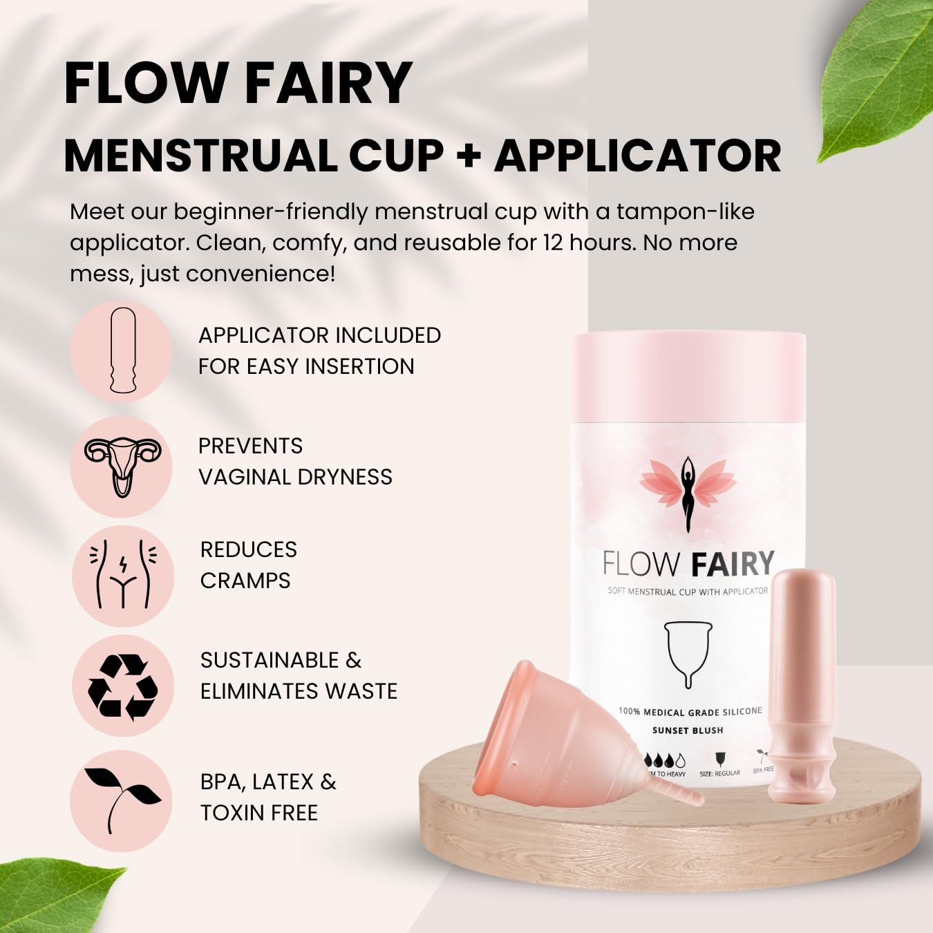 Flow Fairy Reusable Menstrual Cup with Applicator for Easy Insertion- 100% Medical Grade Silicone Period Cup Flow Fairy buy supplements canada